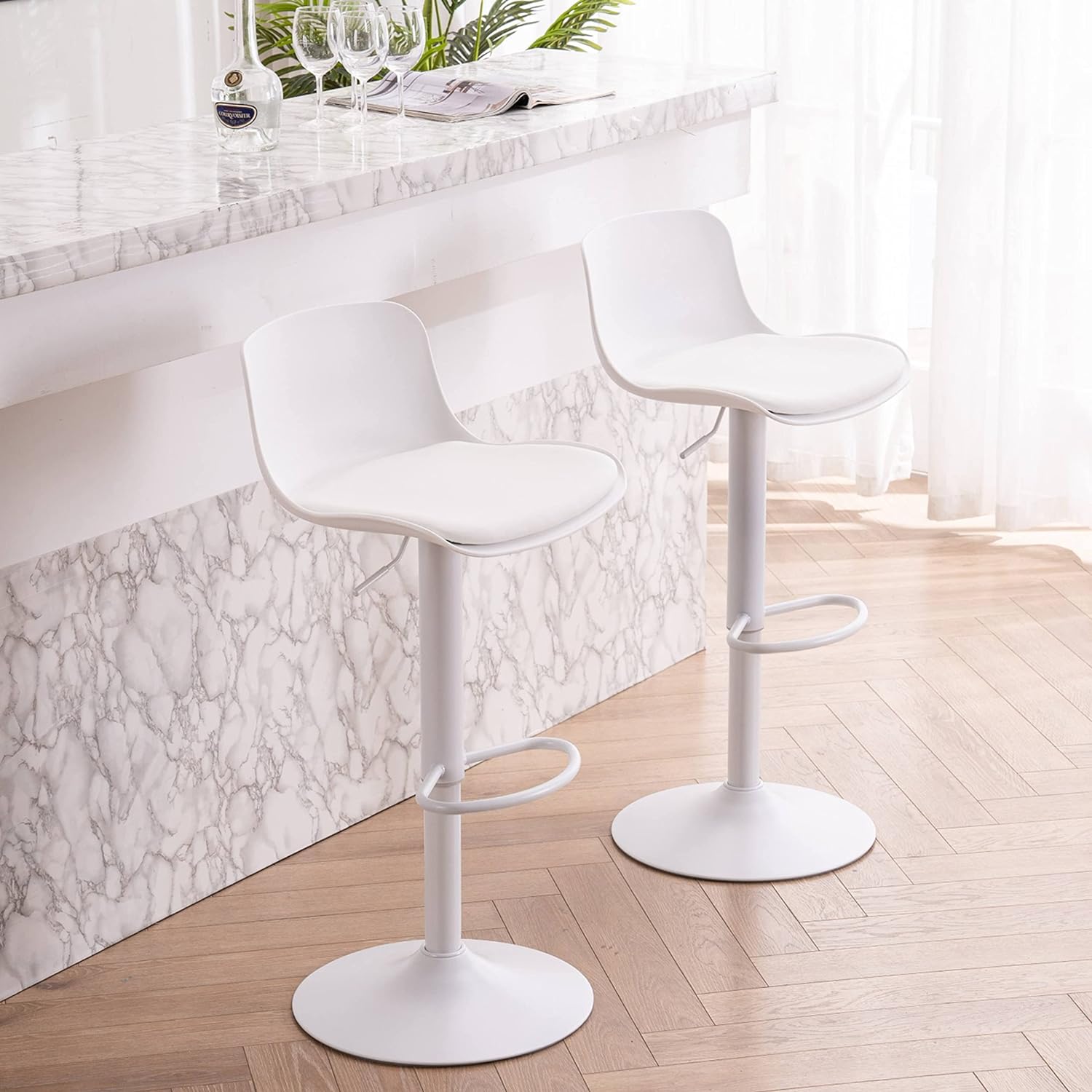 YOUTASTE White Bar Stools Set of 2 Adjustable Counter Height Bar Stool PU Leather Metal Barstools with Back Swivel High Top Bar Chairs Home Kitchen