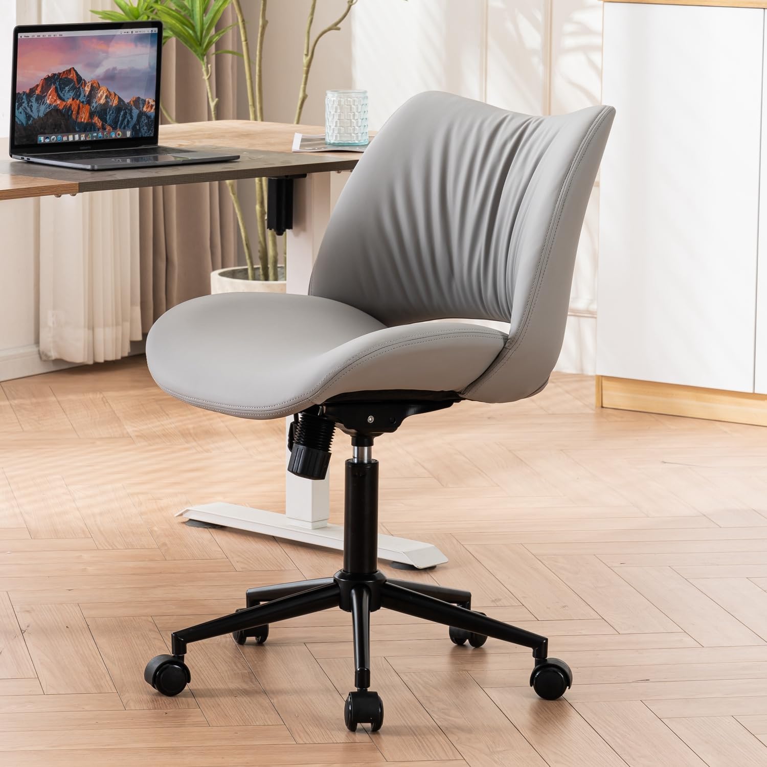 YOUTASTE Modern Office Chair Armless Faux Leather Swivel Desk Chair with Hollow Mid Back Metal Leg Mid Century Wide Seat Lounge Bedroom Reading Accent Vanity Chair Kitchen Cafe Grey