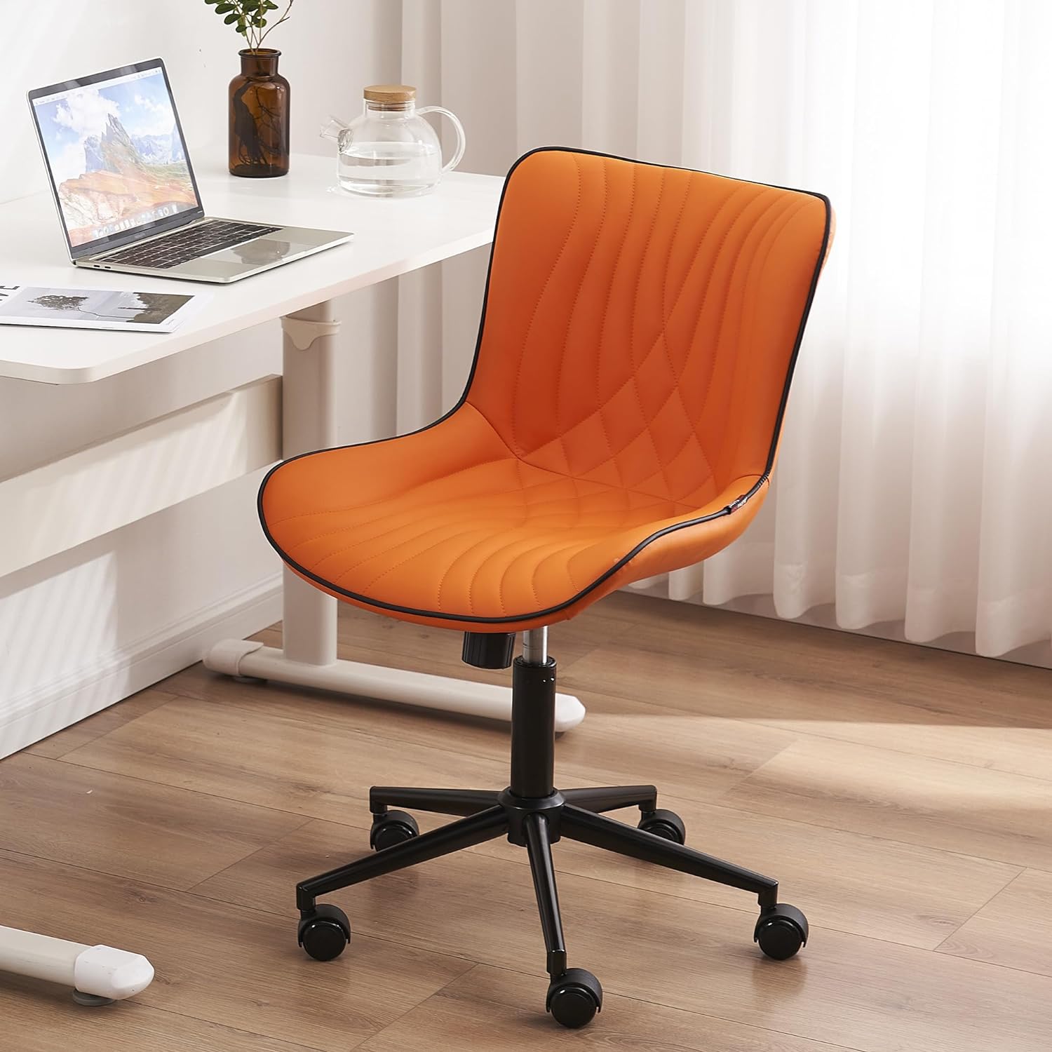 YOUTASTE Orange Office Chair Modern Armless Desk Chair with Wheels, Height Adjustable Swivel Rocking Rolling Computer Task Chair, Faux Leather Sewing Chairs, Stylish Lounge Vanity Chair