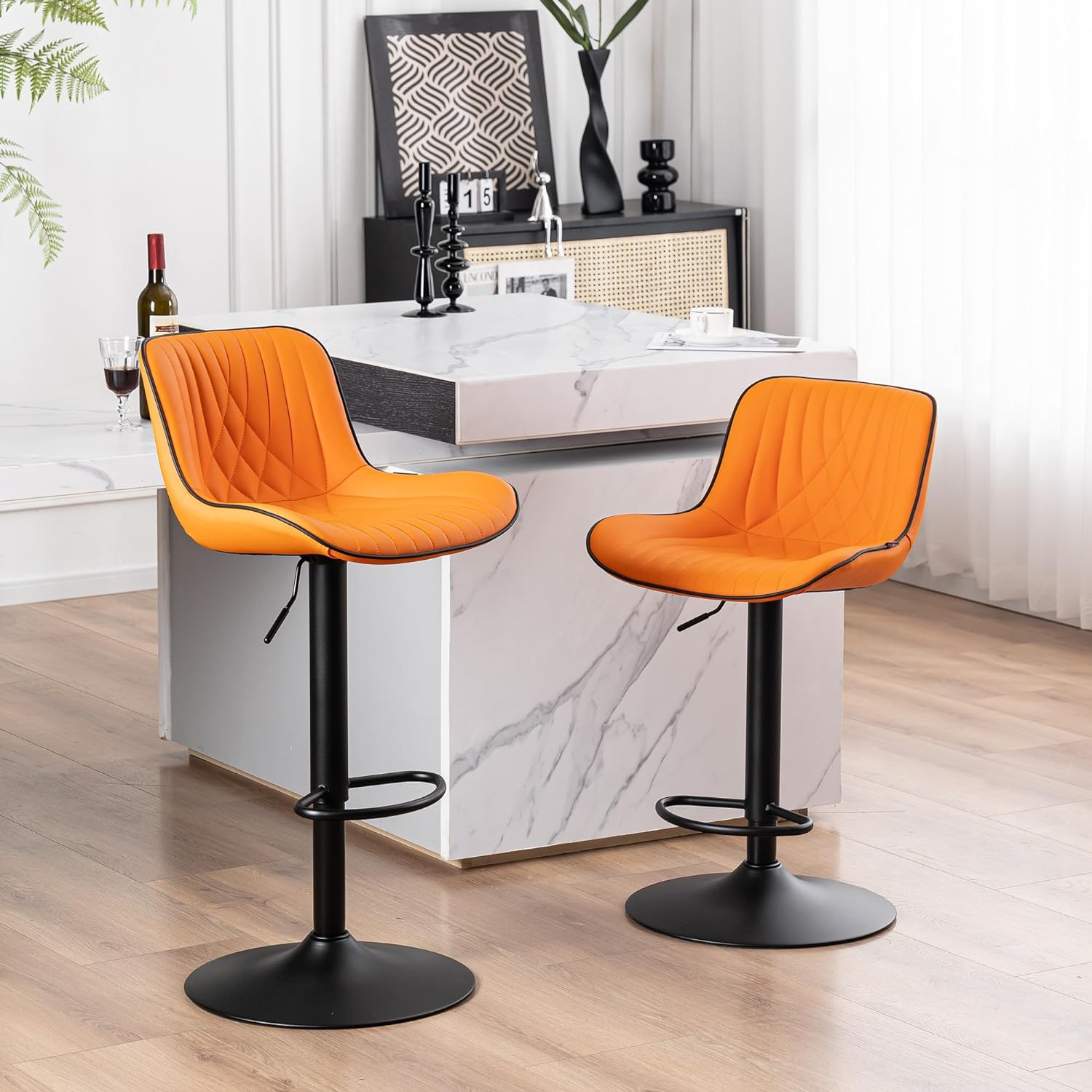 YOUTASTE Orange Bar Stools Set of 2, Adjustable Swivel Modern Barstools Luxury Upholstered Faux Leather Bar Stool Counter Height Metal Chairs with Back for Home Kitchen Island