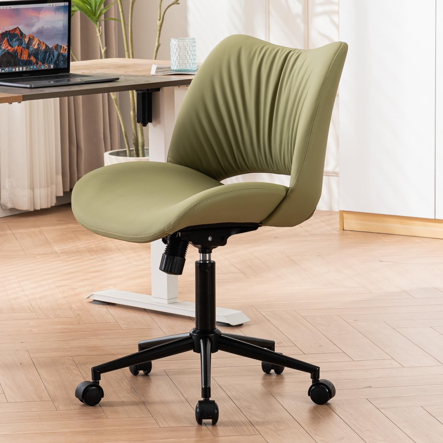 YOUTASTE Modern Office Chair Armless Faux Leather Swivel Desk Chair with Hollow Mid Back Metal Leg Mid Century Wide Seat Lounge Bedroom Reading Accent Vanity Chair Kitchen Cafe Avocado Green