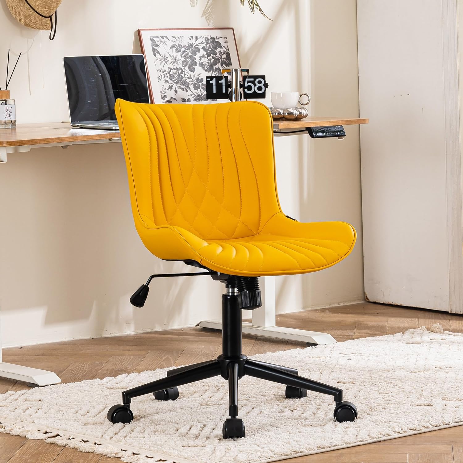 I love this comfortable and stylish chair! It fits perfect in my little office nook in my kitchen. The chair has a modern look with beautiful stitching and it was easy to assemble