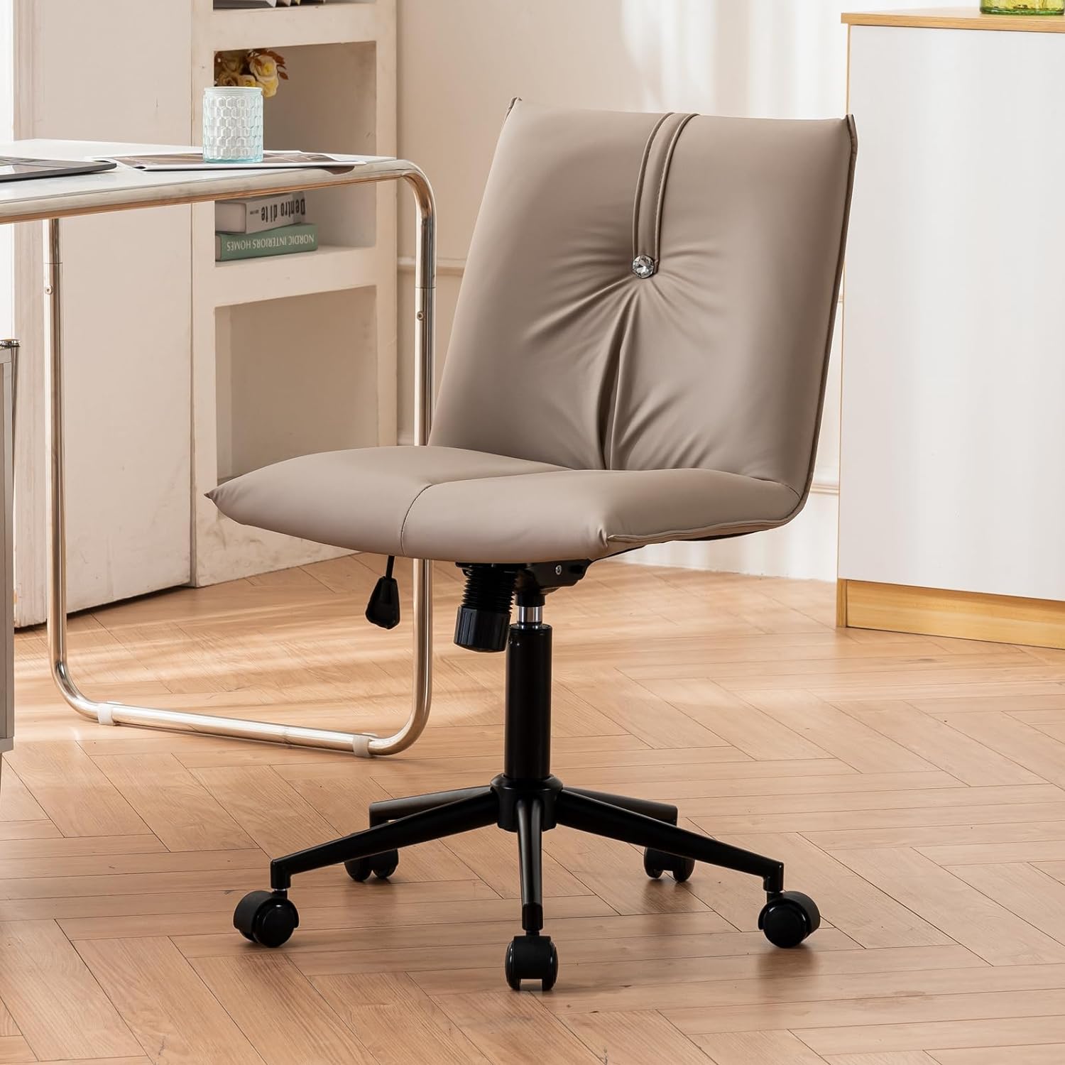 YOUTASTE Office Desk Chair with High Back,Rocking Ergonomic Height Adjustable Home Reading Chair,Modern Swivel Desk Chairs with Wheels,Armless Office Reception Chair,Khaki