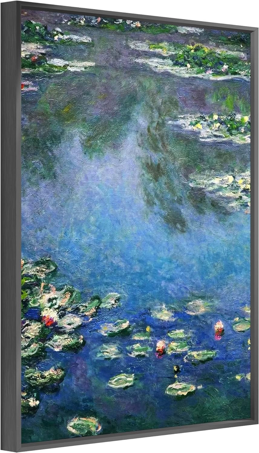 jenesaisquoi Framed Canvas Wall Art, Water Lilies Claude Monet Art Prints, Claude Monet Artwork Famous Art Oil Paintings Ready To Hang for Living Room, Bedroom, Office (Black Frame, 12 x 16)