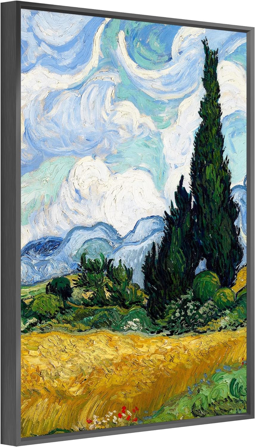 jenesaisquoi Framed Canvas Wall Art, Wheat Field with Cypresses Van Gogh Art Prints, Van Gogh Artwork Famous Art Oil Paintings Ready To Hang for Living Room, Bedroom, Office (Black Frame, 12 x 16)