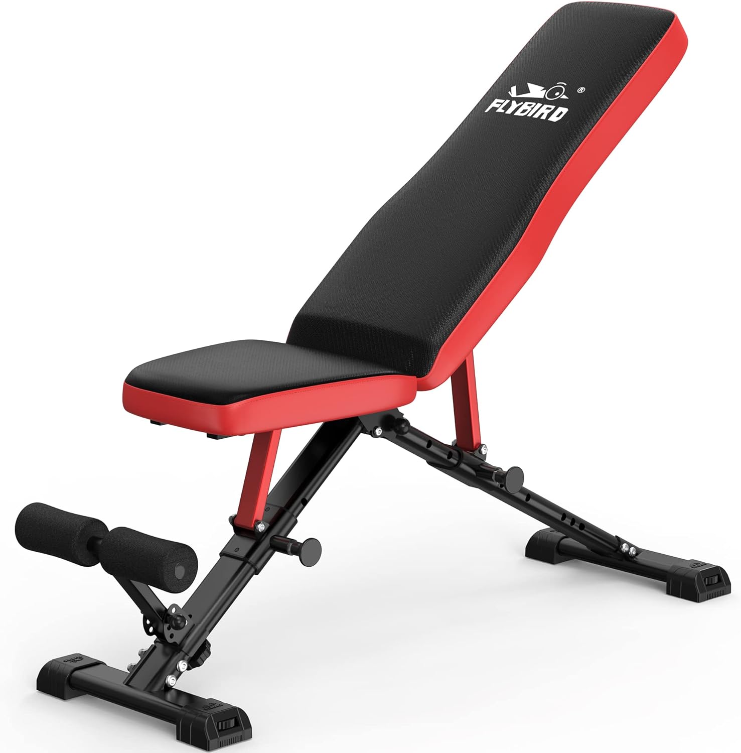 FLYBIRD Workout Bench, Adjustable Weight Bench Foldable Strength Training Bench for Home. Solid bench. Padding thickness and height are perfect. Can't be beat for less than $200. Adjusts from flat to incline to decline literally in 1-2 seconds. With the foot pads it is also good for incline situps and crunches. Easily folds down to a very compact storage size. Very satisfying purchase.