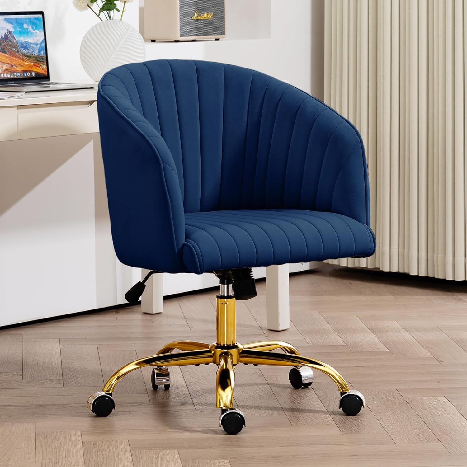 Comfy Velvet Office Chair, Modern Height Adjustable Home Office Desk Chair with Heavy Duty Gold Base, 360 Swivel Cute Vanity Chair Ergonomic Computer Task Chair for Home Office, Navy