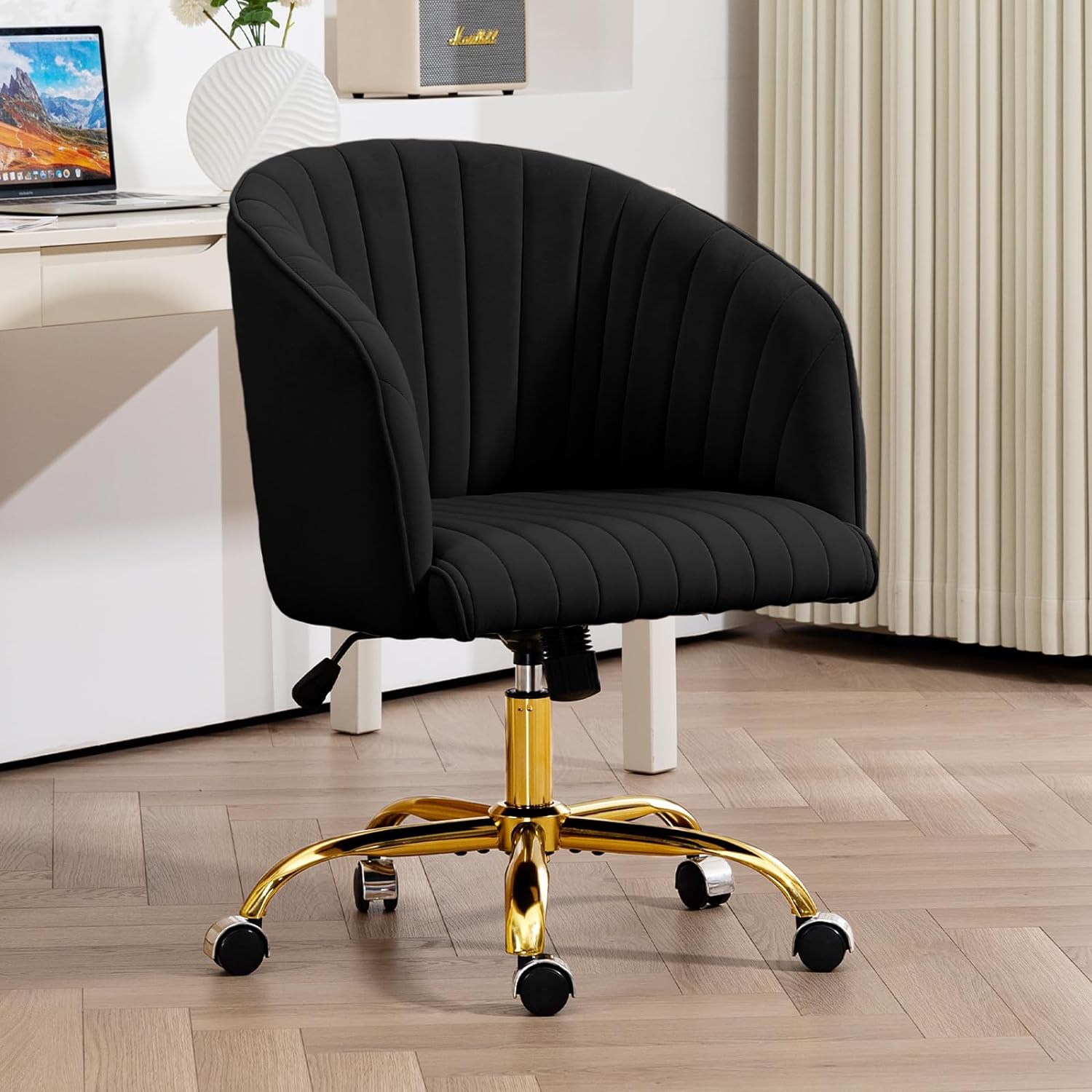 Comfy Velvet Office Chair, Modern Height Adjustable Home Office Desk Chair with Heavy Duty Gold Base, 360 Swivel Cute Vanity Chair Ergonomic Computer Task Chair for Home Office, Black