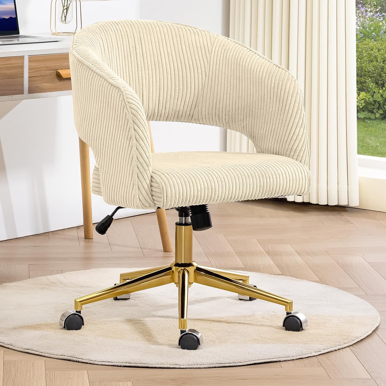 Bumblr Modern Home Office Chair, Corduroy Office Desk Chair with 360 Swivel Gold Base, Comfy Height Adjustable Computer Task Chair Cute Vanity Desk Chair with Wheels for Women, Girls, Beige