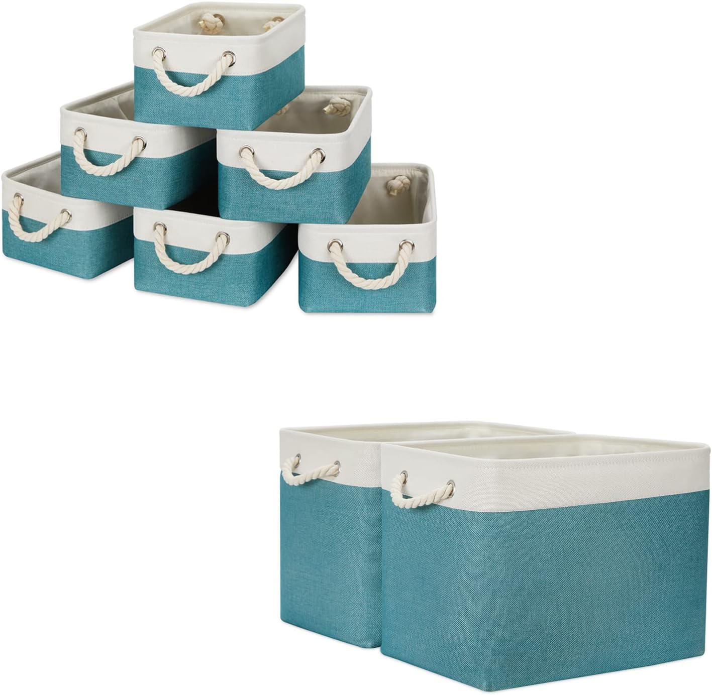 Temary Collapsible Storage Bins Set of 6 Fabric Storage Baskets 2 Pcs Decorative Baskets for Gifts Empty (White&Teal, 11.8Lx7.9Wx5.3H Inches, 16Lx12Wx12H Inches)