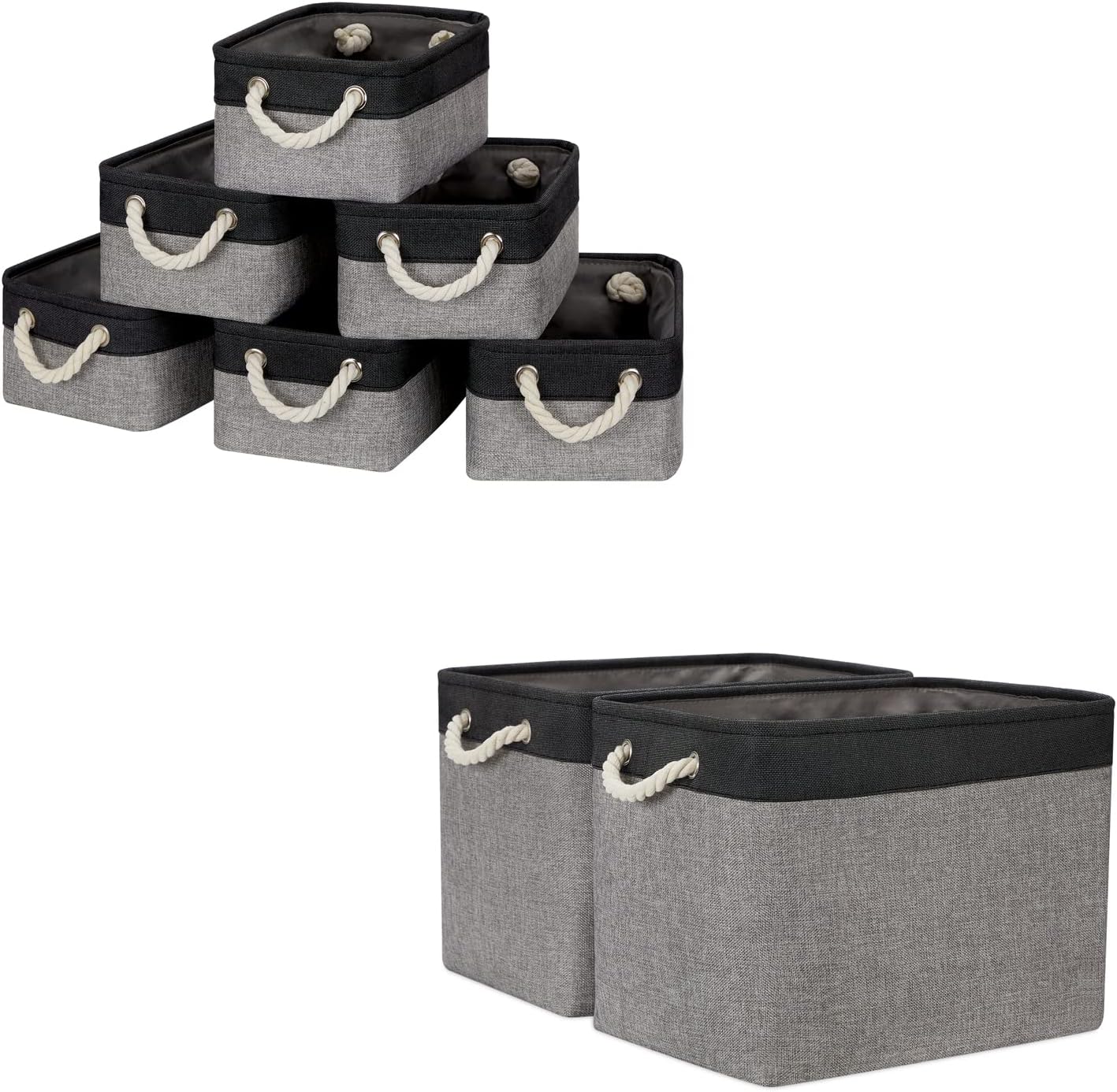 Temary Storage Baskets 6 Pack Small Fabric Storage Bins with 2 Pcs Large Baskets for Organizing Towels, Blankets (Black&Gray, 11.8Lx7.9Wx5.3H Inches, 16Lx12Wx12H Inches)