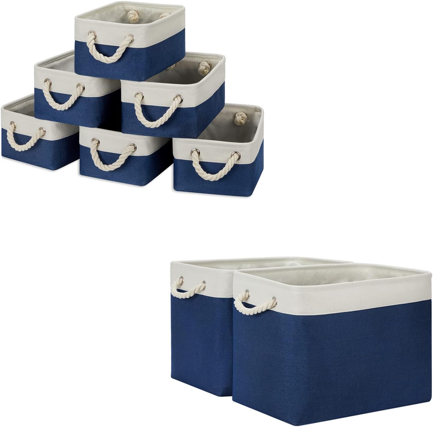 Temary 6 Pcs Small Storage Baskets for Shelves, 2 Pcs Fabric Storage Bins for Organizing Clothes, Toys, Books (White&Blue, 11.8Lx7.9Wx5.3H Inches, 16Lx12Wx12H Inches)