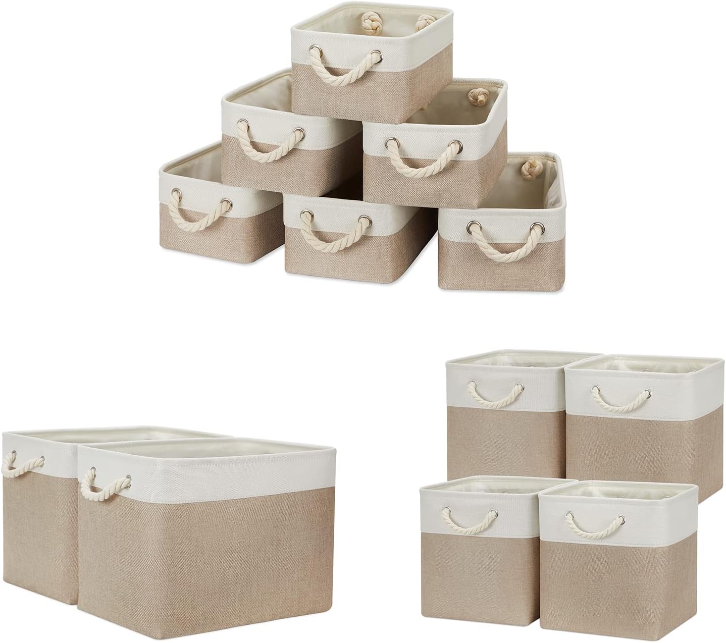 Temary Fabric Storage Baskets Small Storage Bins Decorative Baskets for Storage (White&Khaki, 6Pack-11.8Lx7.9Wx5.3H, 2Pack-16Lx12Wx12H, 4Pack-12Lx12Wx12H)
