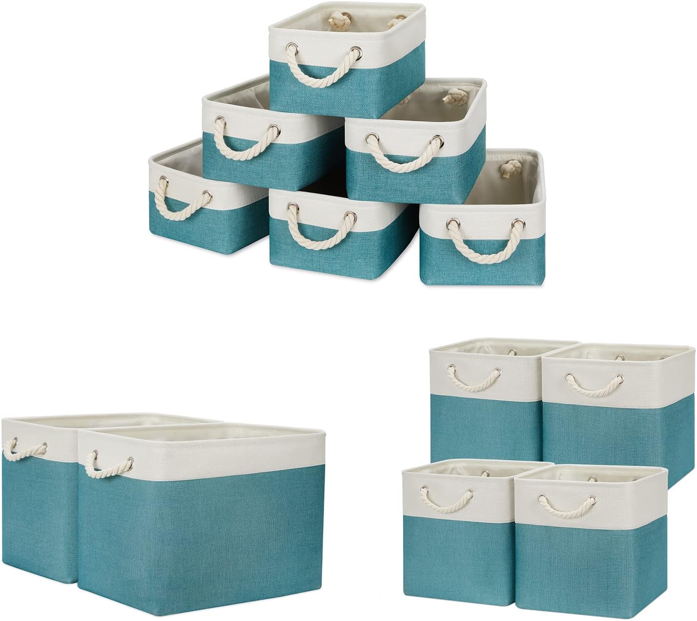 Temary Collapsible Storage Cubes Fabric Storage Baskets Decorative Baskets for Gifts Empty (White&Teal, 6Pack-11.8Lx7.9Wx5.3H , 2Pack-16Lx12Wx12H , 4Pack-12Lx12Wx12H )