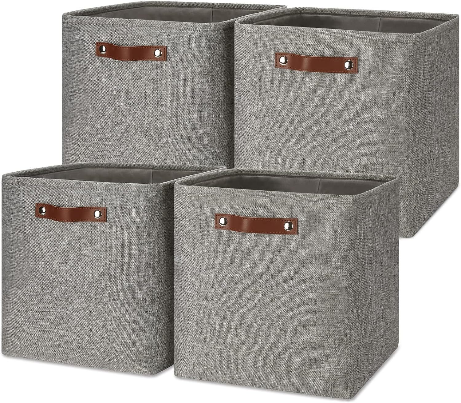 Temary Storage Baskets 13 Inch Fabric Storage Cubes for Shelves Set of 4 Storage Cube Bins for Home, Office, Storage Organizers for Toys with Leather Handles(Grey)