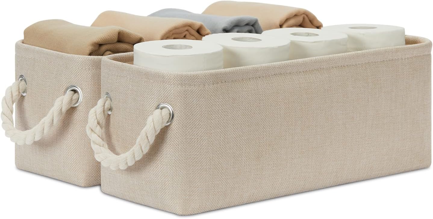 Temary Small Fabric Storage Baskets for Storage Home, Narrow Rectangle Basket with Rope Handles, Decorative Basket for Organizing Toilet Tank Top, Towels, Toilet Paper (Beige, 15Lx6Wx5.5H Inches)