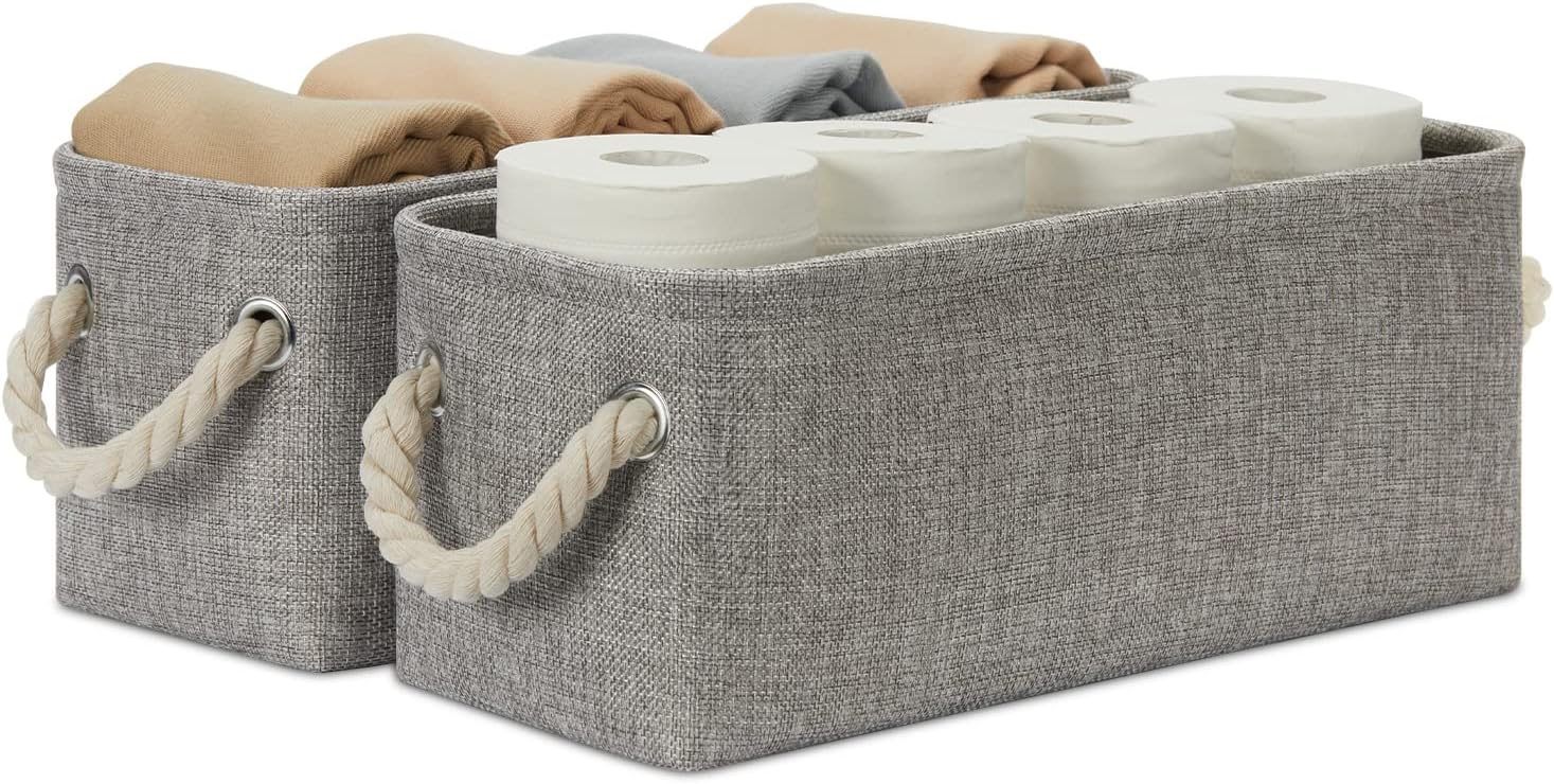 Temary Small Storage Baskets for Organizing, Narrow Baskets for Storage Toilet Paper Rolls, Fabric Baskets with Handles for Closets, Cabinets, Shelves (Grey, 15Lx6Wx5.5H Inches)