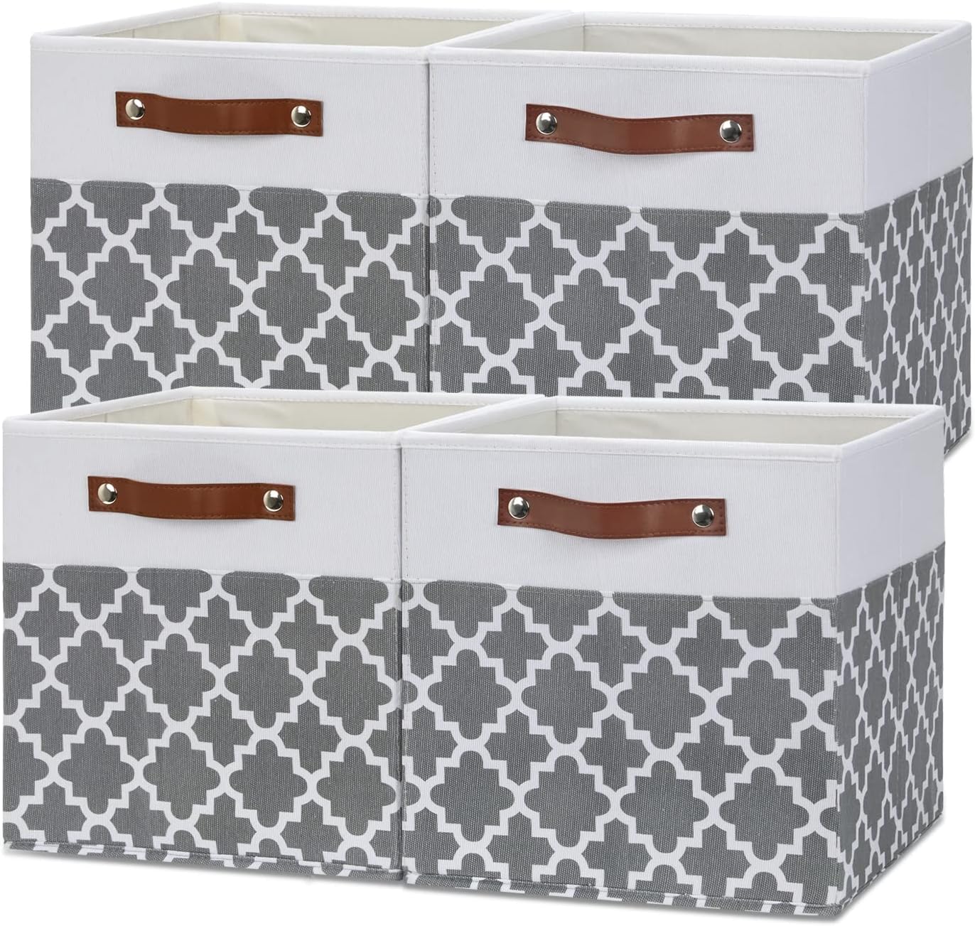 Temary 12x12x12 Storage Cubes Storage Bins 4 Pack Fabric Storage Bins with Leather Handle, Foldable Cubes Storage Box Baskets for Closet, Shelf, Nursery (White&Lattice)