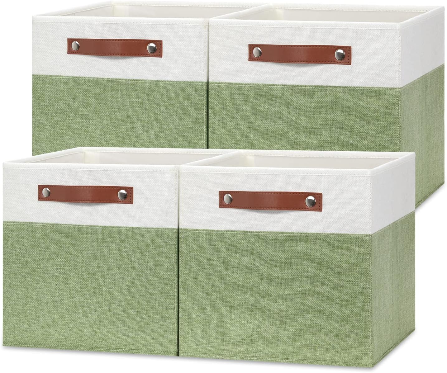 Temary 12 Inch Fabric Storage Cubes Storage Bins with Leather Handles, 4 Pack Cube Baskets Bins for Organizing Closet, Foldable Cloth Baskets for Shelves (White&Green)