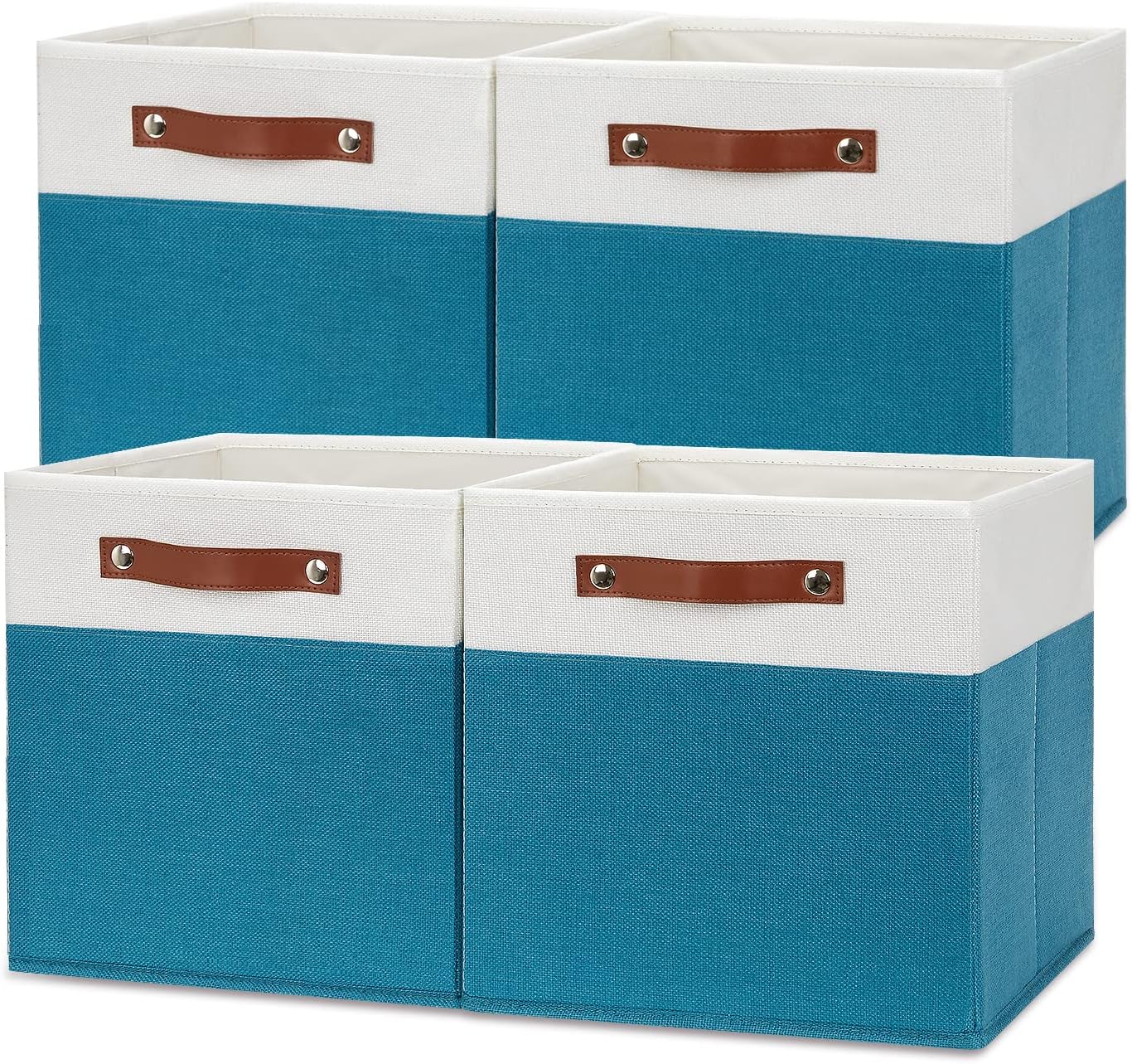 Temary Cube Storage Bins 12x12 Storage Cubes for Shelves Fabric Storage Baskets Cube Baskets for Closet with Leather Handles Cube Storage Organizer Bins (White&Teal)
