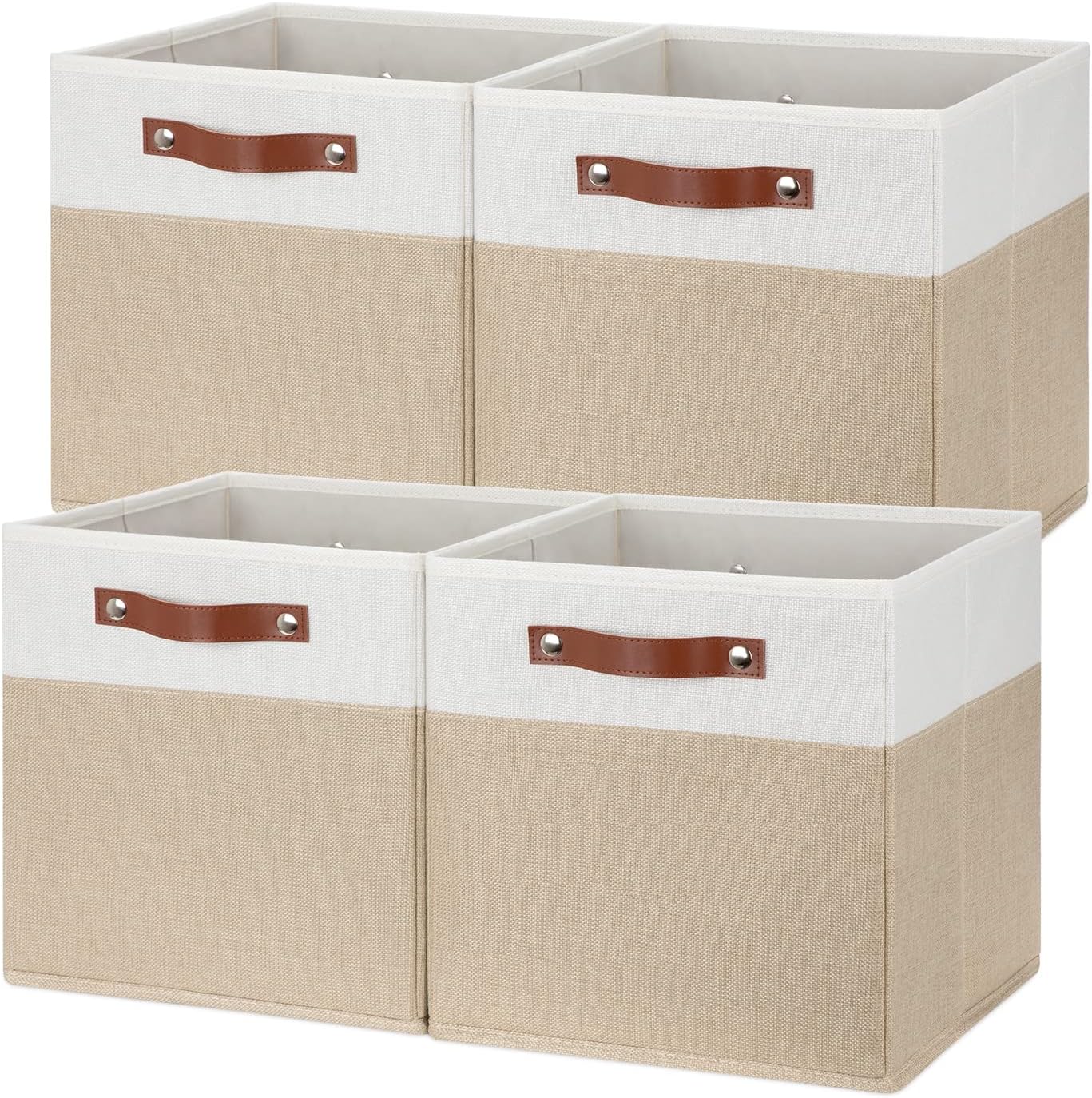 Temary Fabric Storage Cubes 12 Inch Cube Storage Bins 4Pack Empty Gift Baskets Storage Baskets for Organizing, Collapsible Fabric Bins for Shelves, Closets, Nursery (White & Khaki)