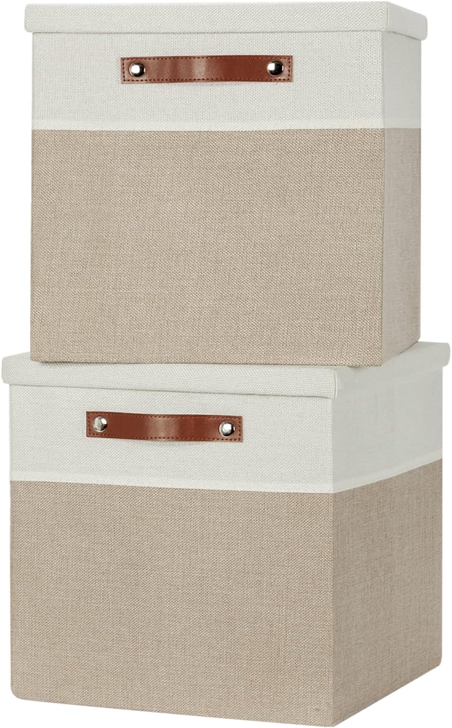 Temary Fabric Storage Bins with Lids 13 Inch Storage Cubes with Lid, Decorative Foldable Storage Boxes for Clothes, Closet Organizers (White&Khaki, 13x13x13inch)