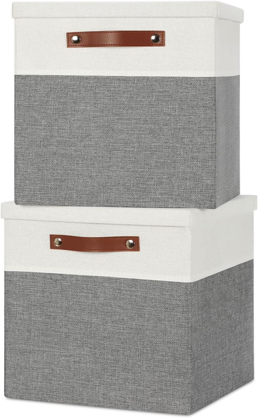 Temary Cube Storage Bins with Lids for Organizing Clothes, [2-Pack] Foldable Storage Boxes with Handles, Closet Storage Baskets for Living Room, Nursery(White&Gray, 13x13x13inch)