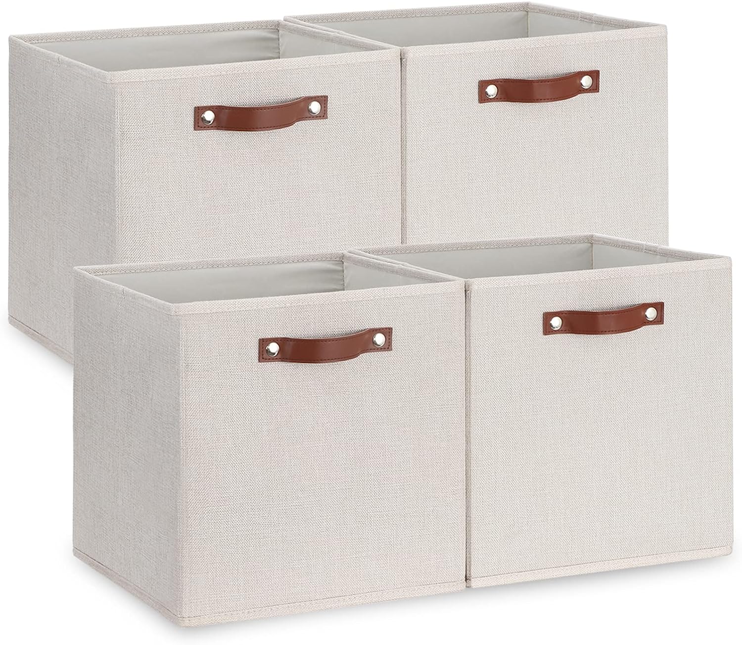 Temary Fabric Storage Cubes Storage Bins with Dual Leather Handles, 4 Pack Cube Baskets 13x13 Foldable Cube Organizers for Shelves, Home, Office, Nursery