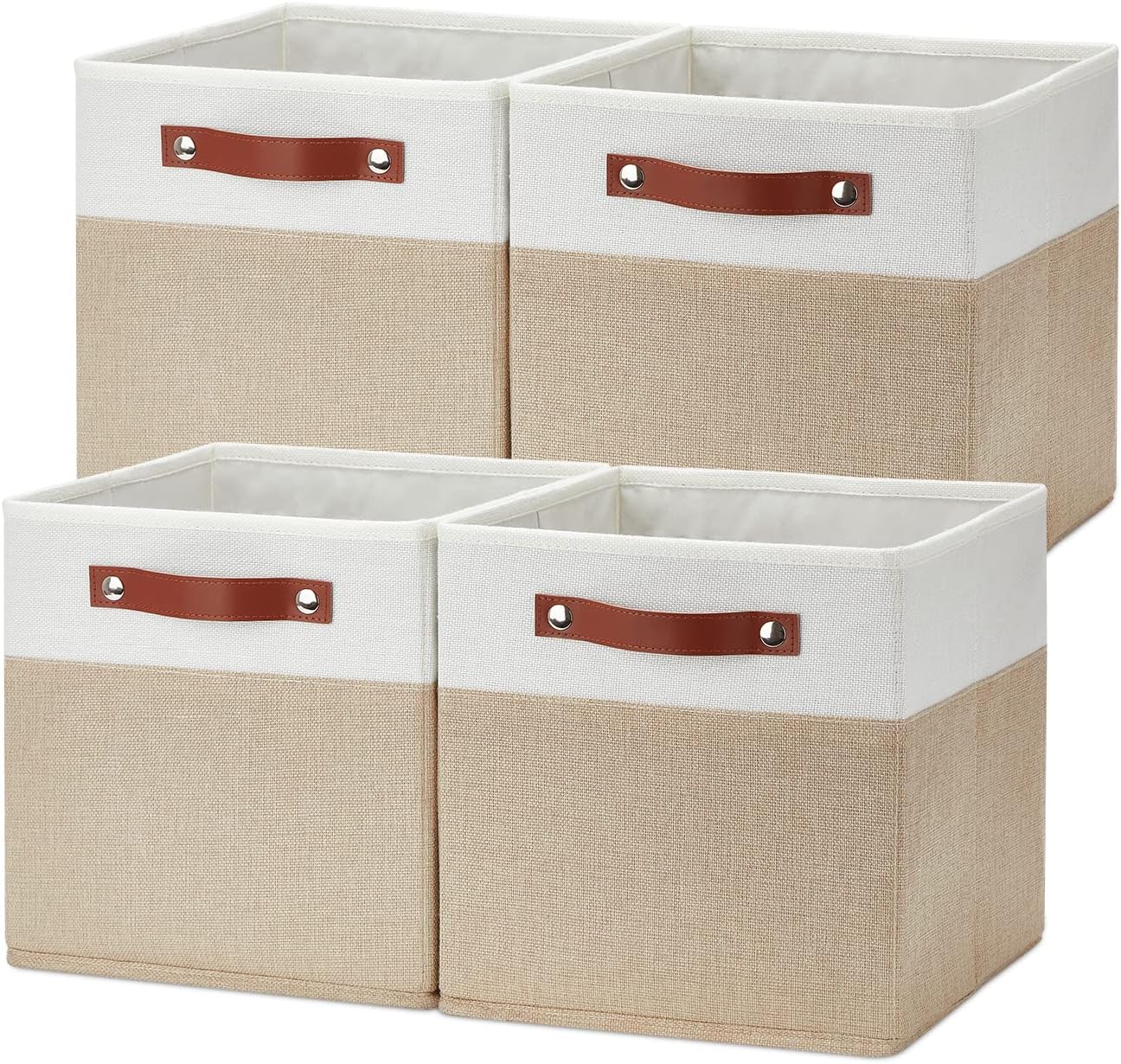 Temary Fabric Storage Cubes Bins, 11 inch Cube Storage Baskets, Foldable Cube Bins Set with Handles, Decorative Storage Boxes for Organizing, Home, Office, Nursery (White & Khaki, 11 x 11 x 11)
