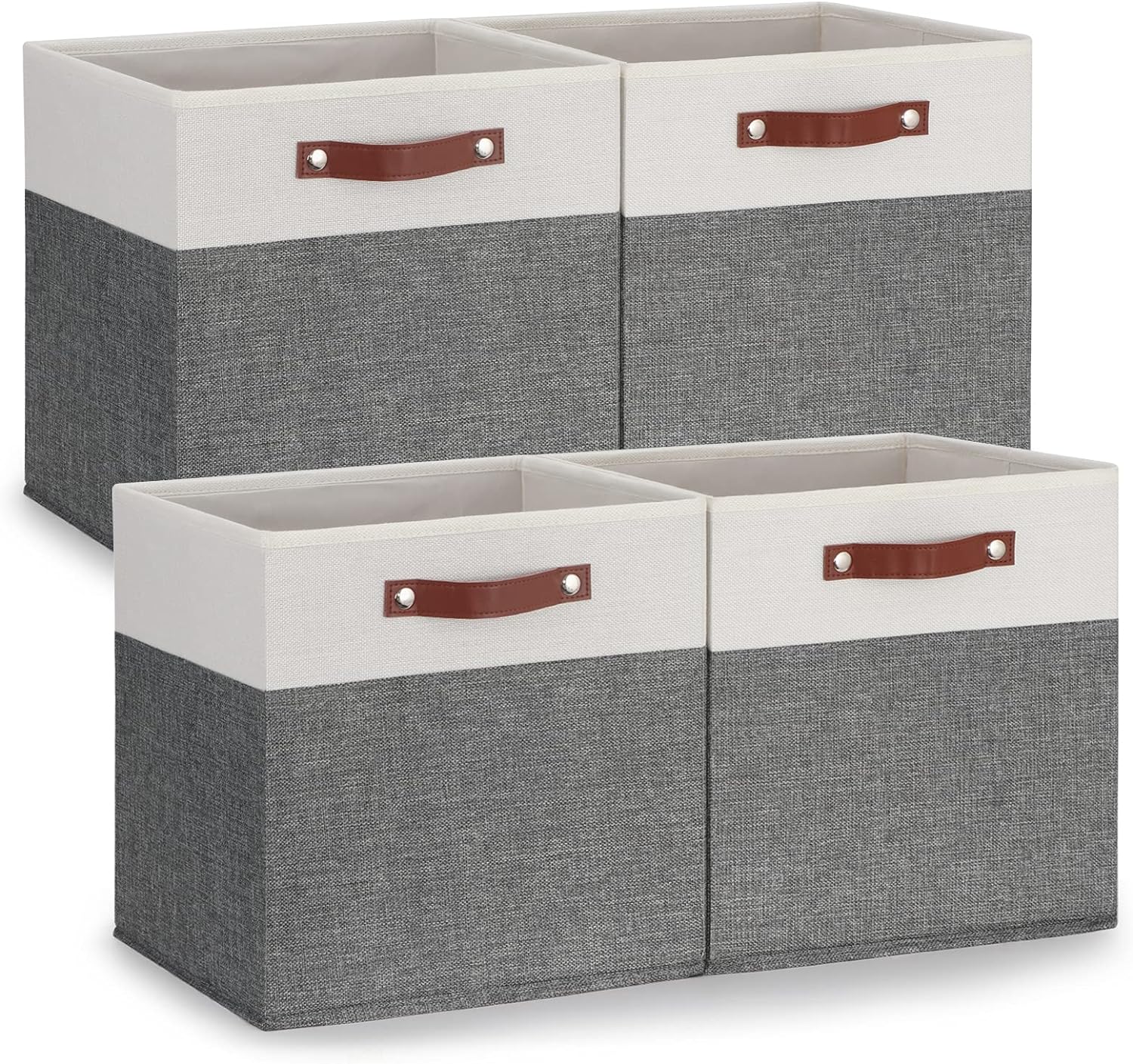 Temary 13x13 Storage Cubes 4 Pack Fabric Cube Storage Bins Large Storage Baskets with Leather Handles, Decorative Storage Boxes for Organizing Closet, Clothes, Toys Foldable Cloth Baskets for Shelves