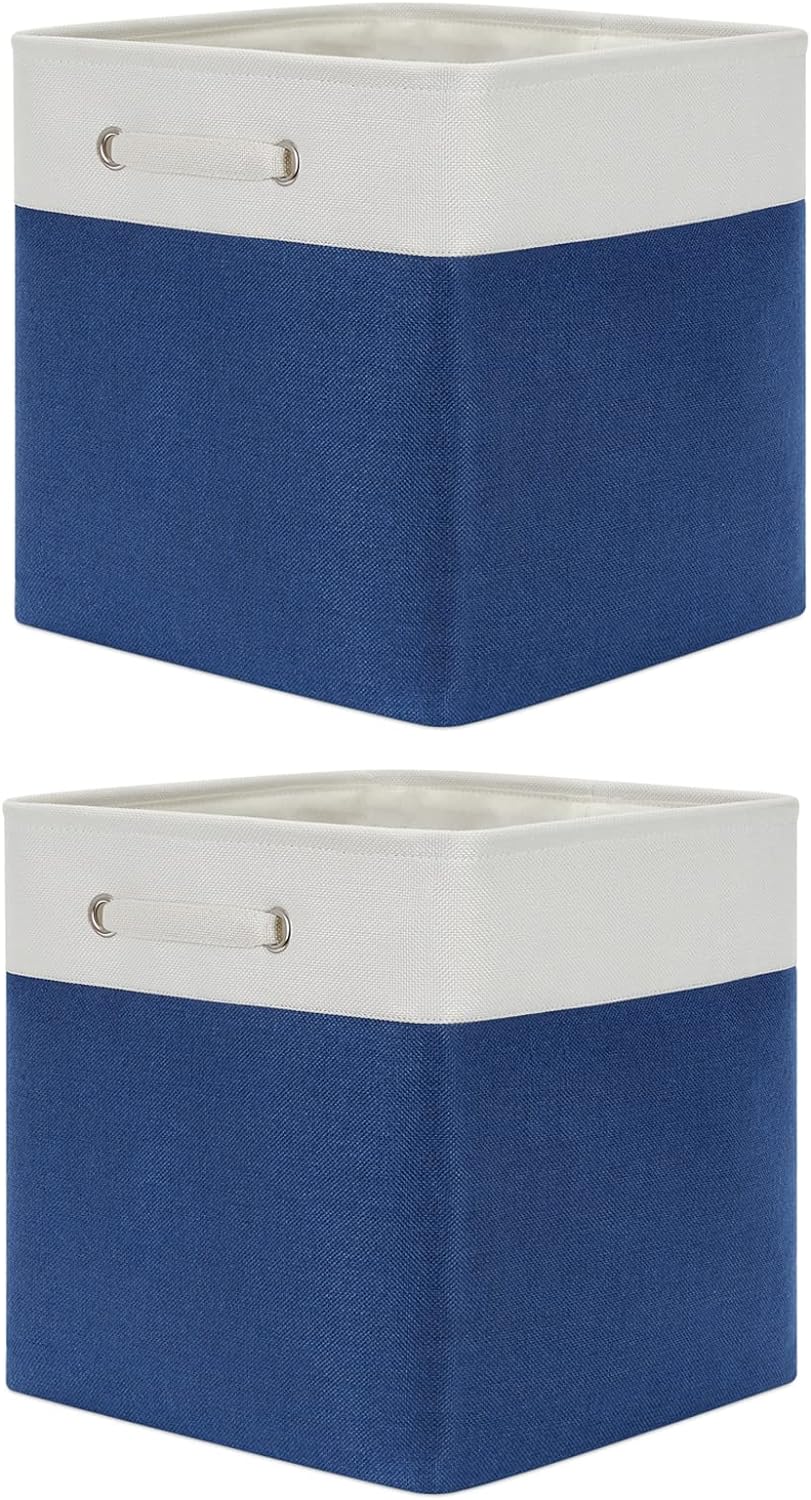 Temary Storage Baskets Storage Cube Bins 13x13x13 Fabric Storage Baskets Cube Storage Bins with Cloth Handles, Large Baskets Storage Cubes for Organizing Living Room, Kids Room (2 Pack White& Blue)