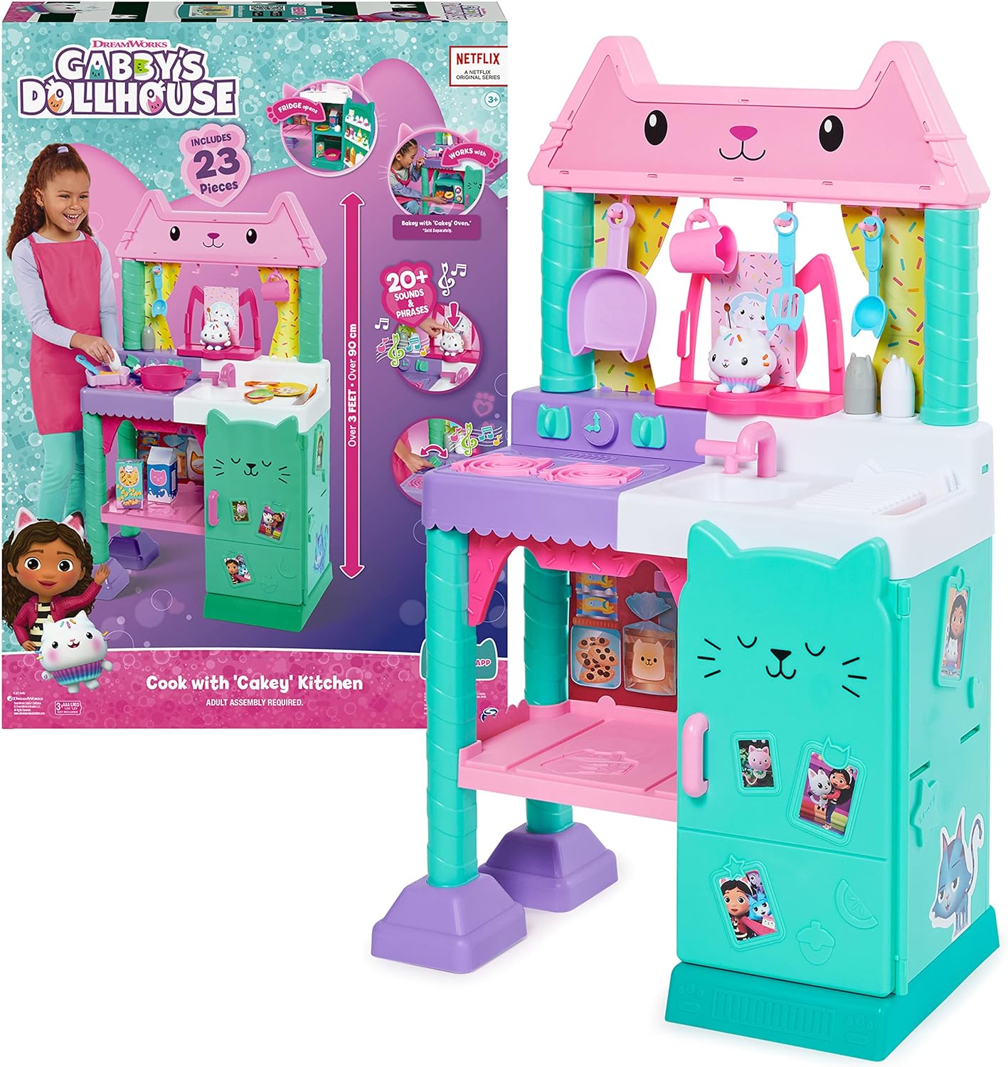 Gabbys Dollhouse, Cakey Kitchen Set for Kids with Play Kitchen Accessories, Play Food, Sounds, Music and Kids Toys for Girls and Boys Ages 3 and Up