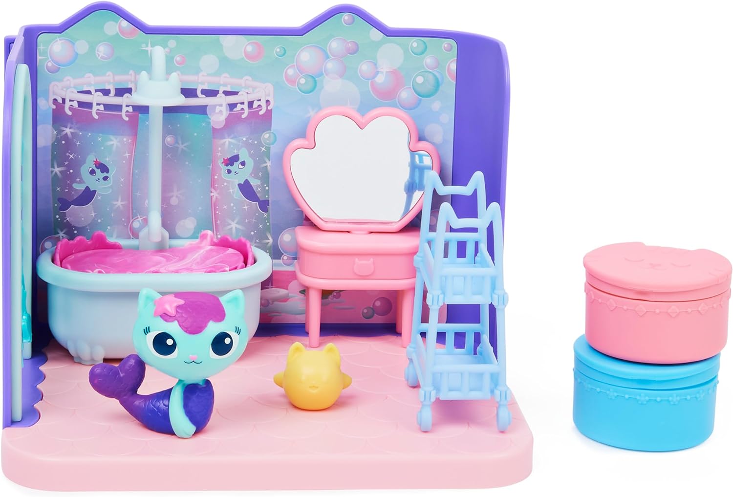 Gabby's Dollhouse, Primp and Pamper Bathroom with Mercat Figure, 3 Accessories, 3 Furniture and 2 Deliveries, Kids Toys for Ages 3 and up