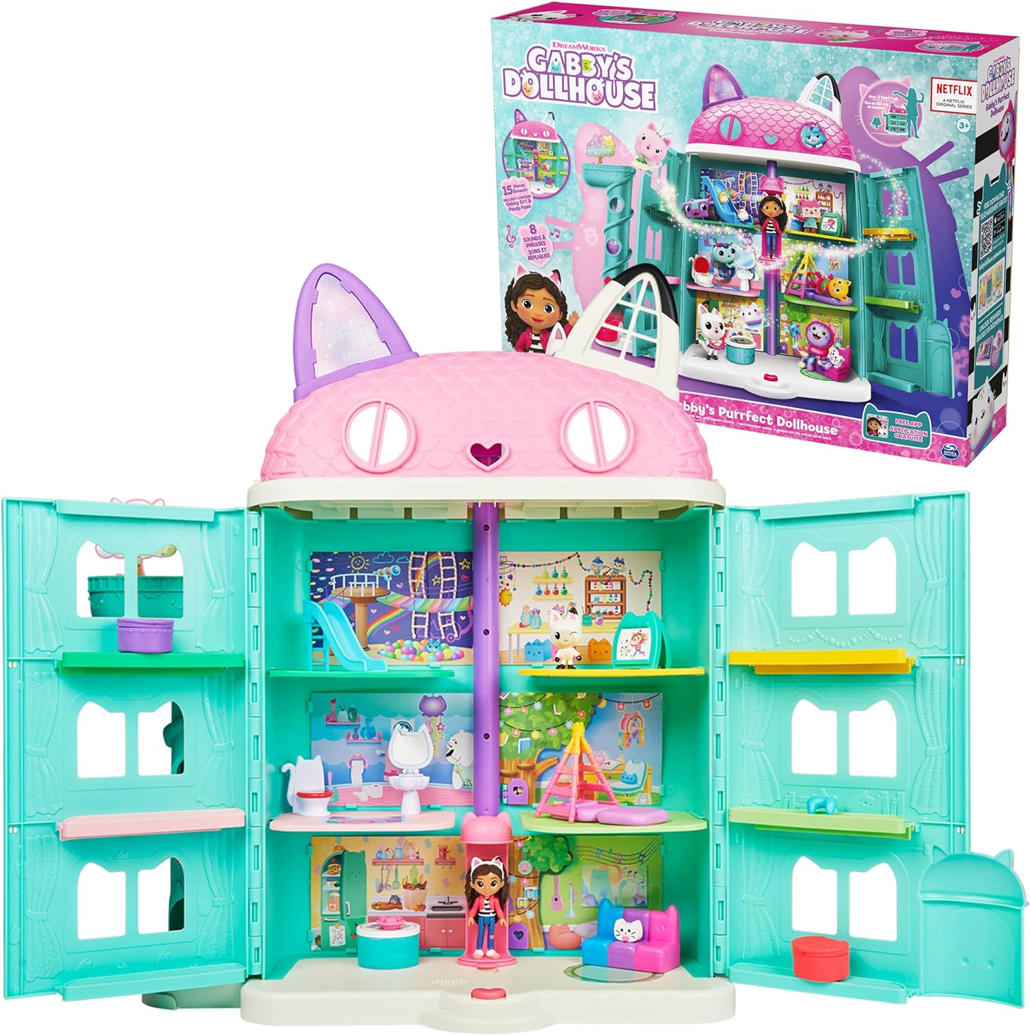 Gabbys Dollhouse, Purrfect Dollhouse with 15 Pieces including Toy Figures, Furniture, Accessories and Sounds, Kids Toys for Ages 3 and Up