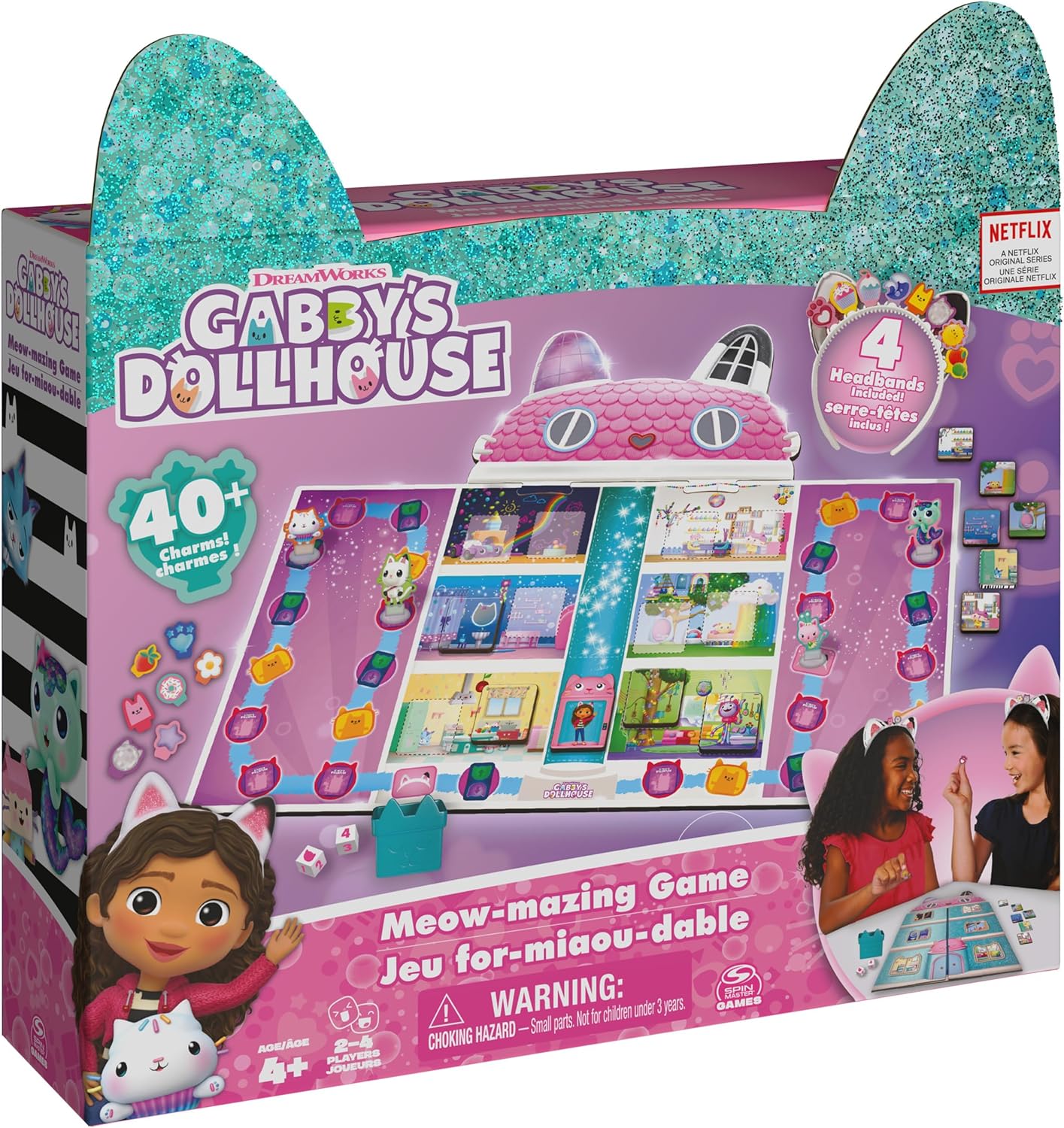 Gabbys Dollhouse, Meow-Mazing Board Game Based on The DreamWorks Netflix Show with 4 Kitty Headbands, for Families & Kids Ages 4 and up