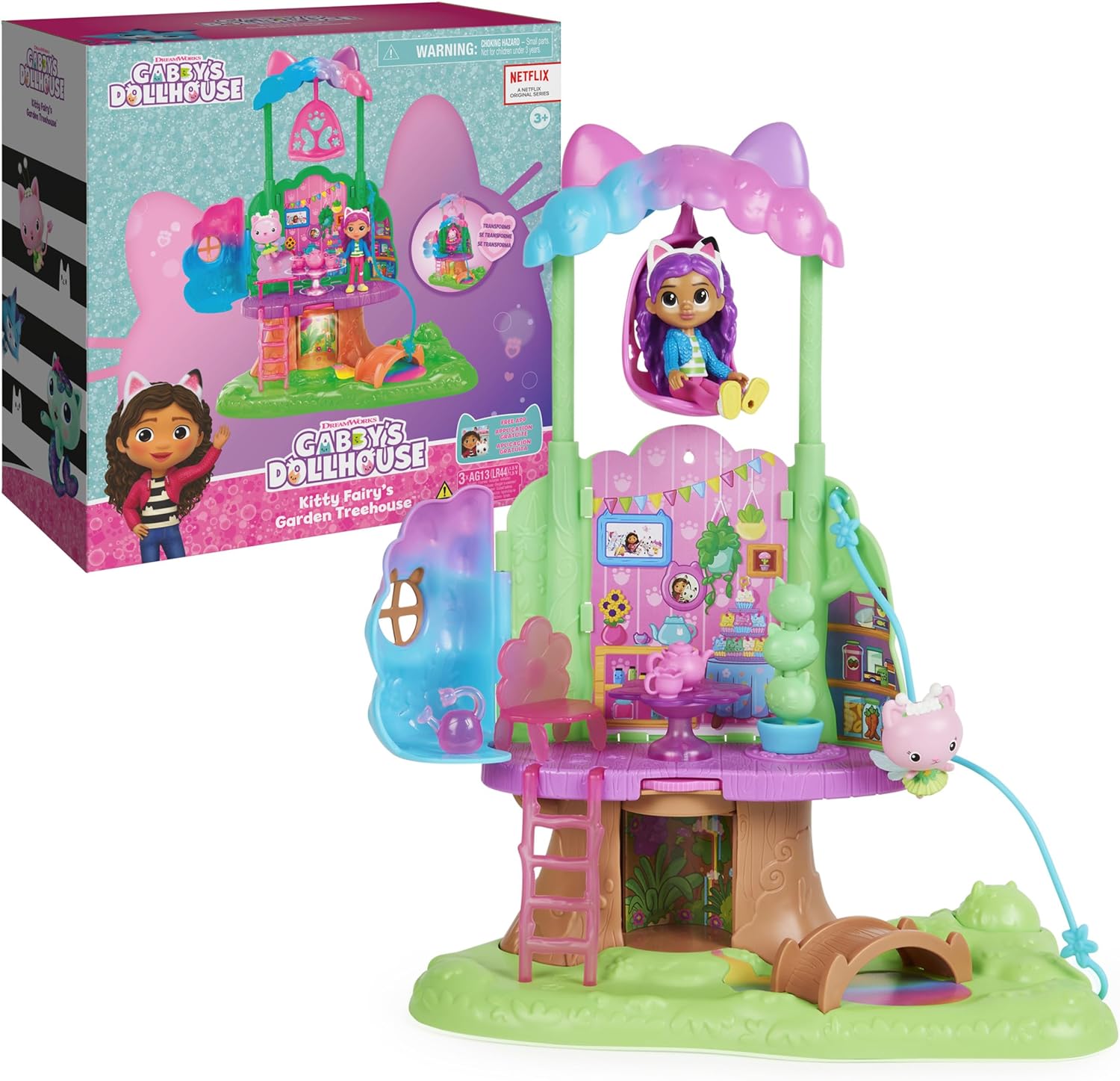 Gabby's Dollhouse, Transforming Garden Treehouse Playset with Lights, 2 Figures, 5 Accessories, 1 Delivery, 3 Furniture, Kids Toys for Ages 3 and up