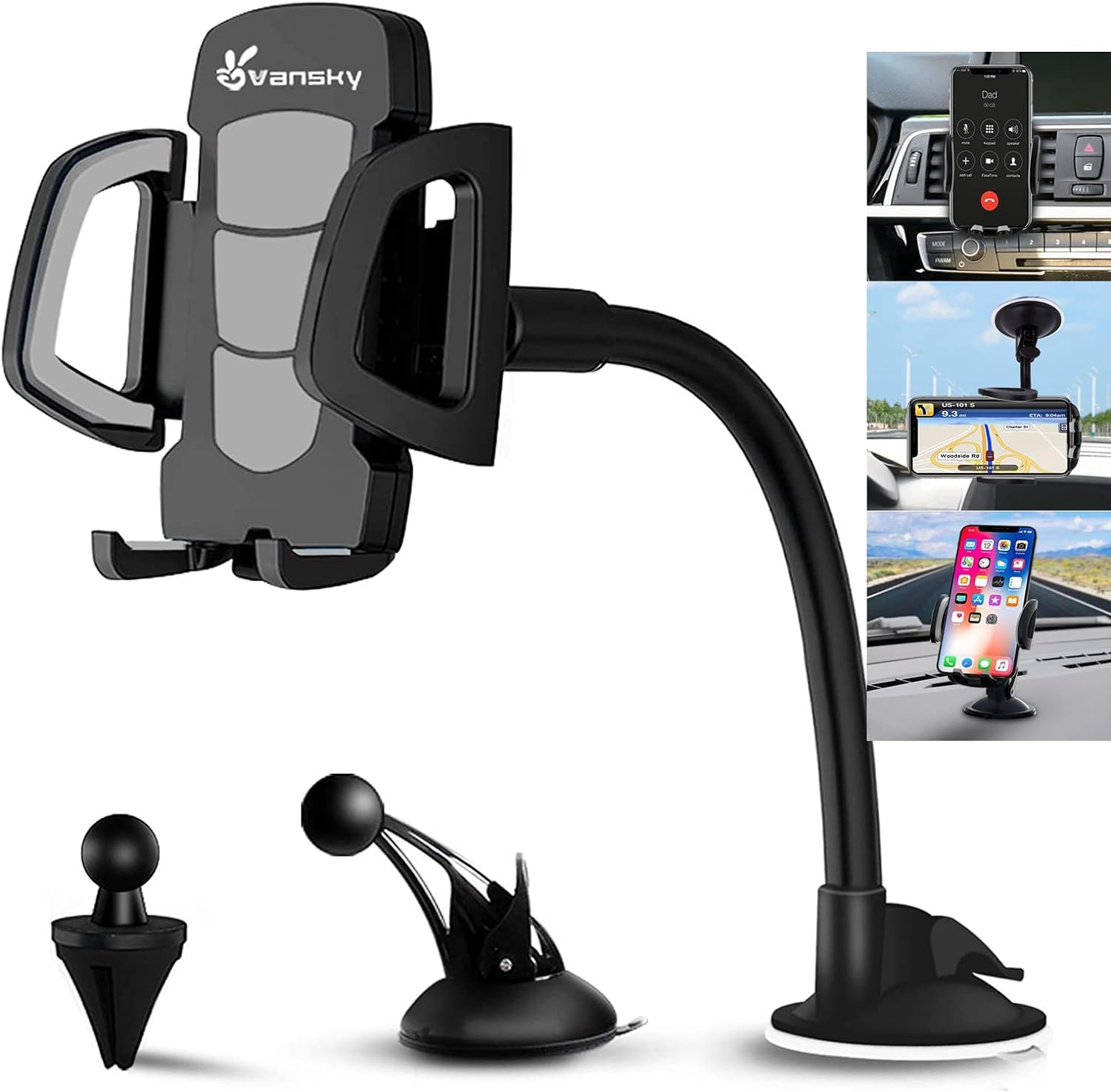 Car Phone Mount, Vansky 3-in-1 Cell Holder Air Vent Dashboard Mount Windshield for iPhone Xs Max R X 8 Plus 7 6S Samsung Galaxy S9 S8 Edge S7 S6 LG Sony and More