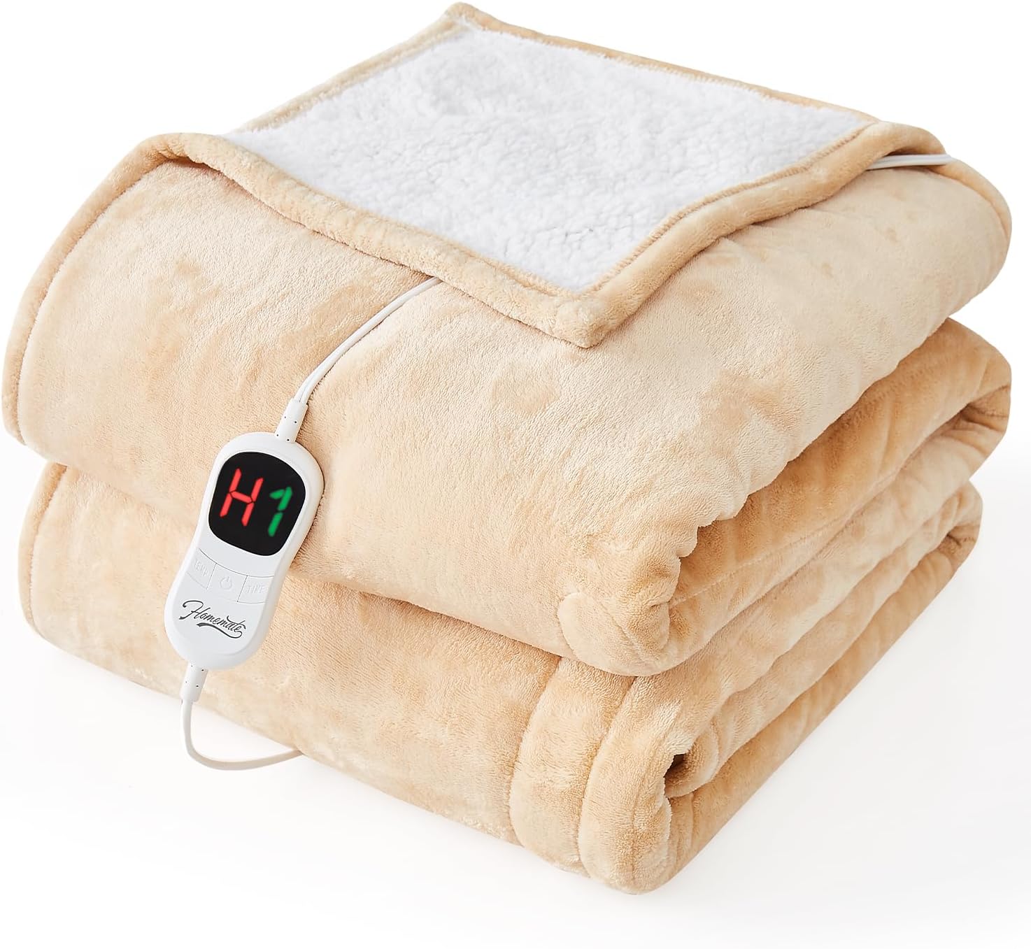 HomeMate Electric Heated Blanket Twin - 62x84 Heating Bed Blankets Throw with 10 Heating Levels 8 Hours Auto Off Fast Heating Over-Heated Protection Ultra Soft Warm Flannel ETL Certified Beige