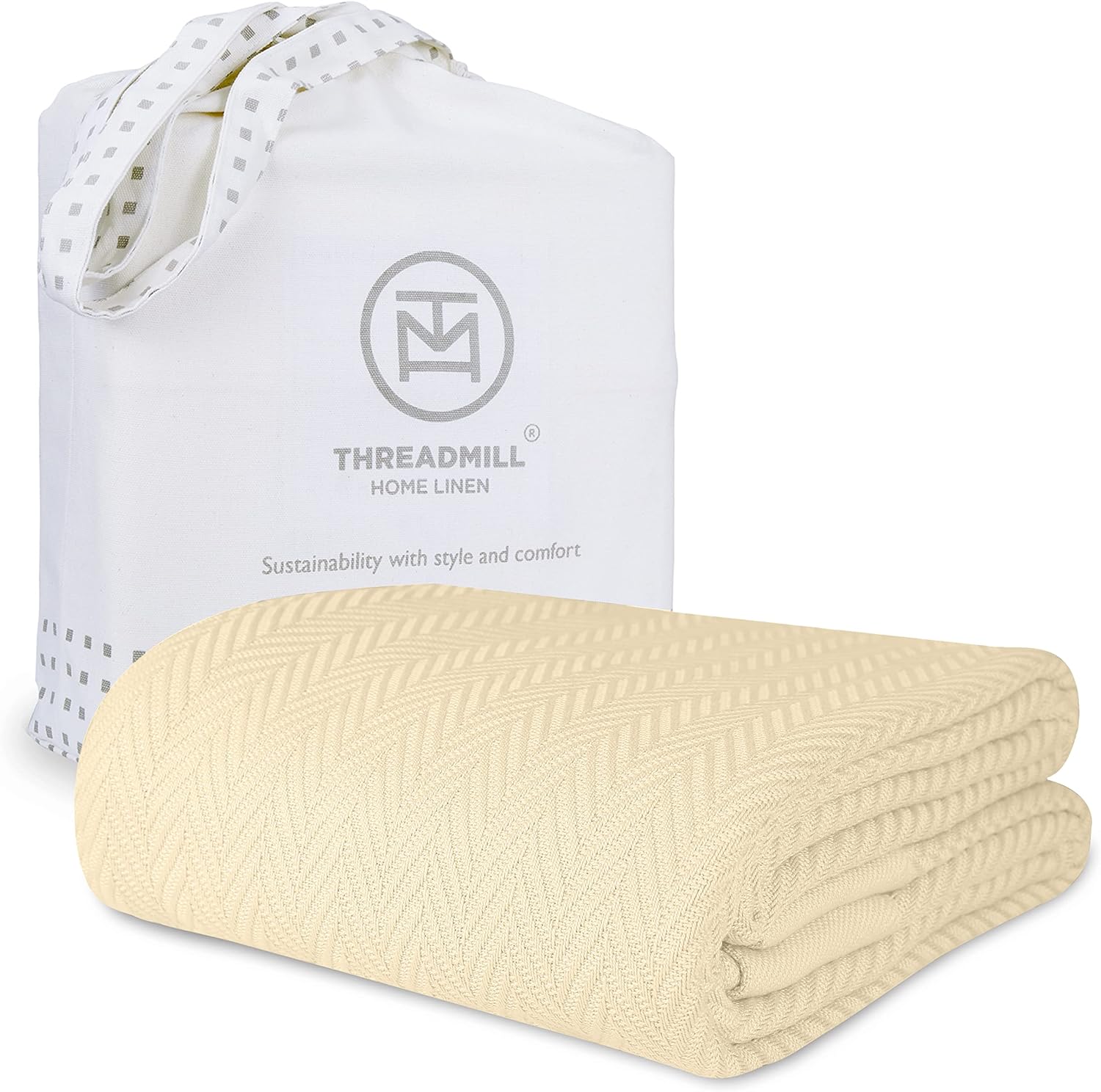 Threadmill Luxury Cotton Blankets for Queen Size bed | All-Season 100% Cotton Queen Size Blanket | Herringbone Cozy Lightweight, Soft Breathable Fall Thermal Blanket fits Full Size Bed | Vanilla Cream