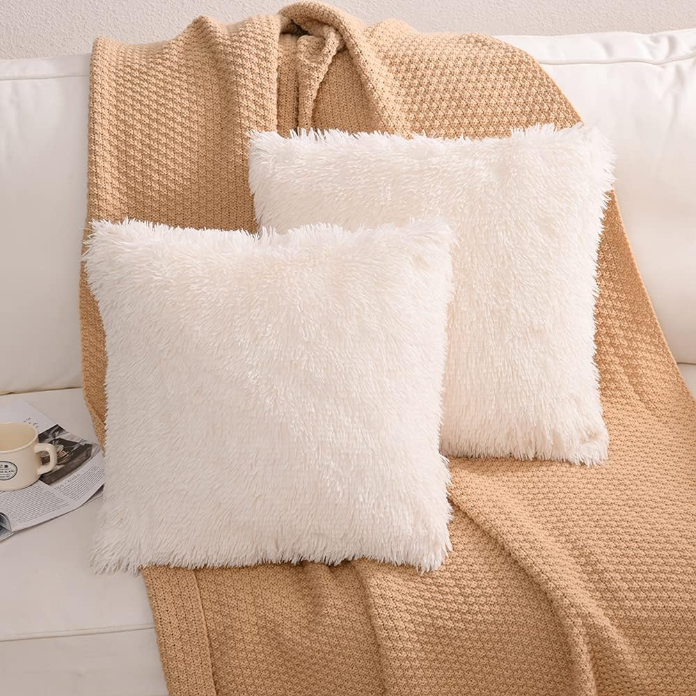 YUSOKI Cream White Faux Fur Throw Pillow Covers-20 x20,Set of 2-Fluffy Fuzzy Cushion Cases Pack of 2 Soft Fleece Pillow Shams Zipper Closure for Sofa Bed Decor Couch Without Insert