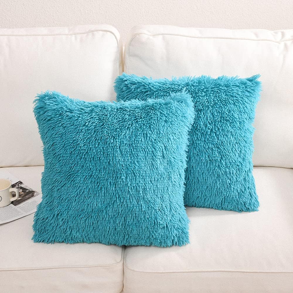 YUSOKI Teal Faux Fur Throw Pillow Covers-18 x 18,Set of 2-Soft Fleece Cushion Cases Fuzzy Fluffy Cozy Pillow Shams for Sofa Bed Decor Couch Bedroom Without Insert