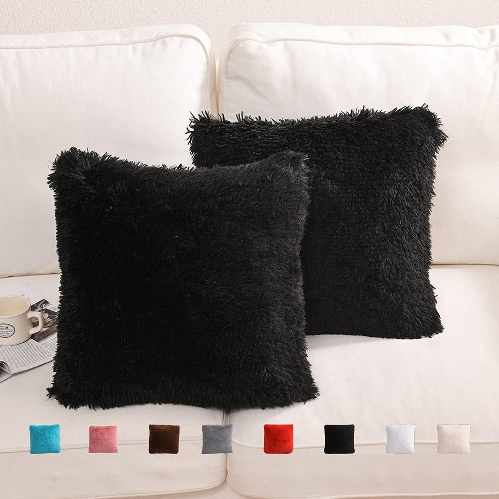 YUSOKI Black Faux Fur Throw Pillow Covers-18 x 18,Set of 2-Soft Fleece Cushion Cases Fuzzy Fluffy Cozy Pillow Shams for Sofa Bed Decor Couch Bedroom Without Insert