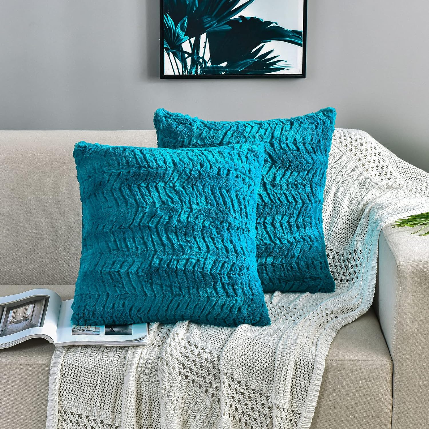 YUSOKI Luxury Faux Fur Throw Pillow Covers-18 x18,Set of 2-Decorative Fuzzy Fluffy Cozy Pillow Cases for Sofa Couch Bedroom Without Insert(Teal/Turquoise,18x18)