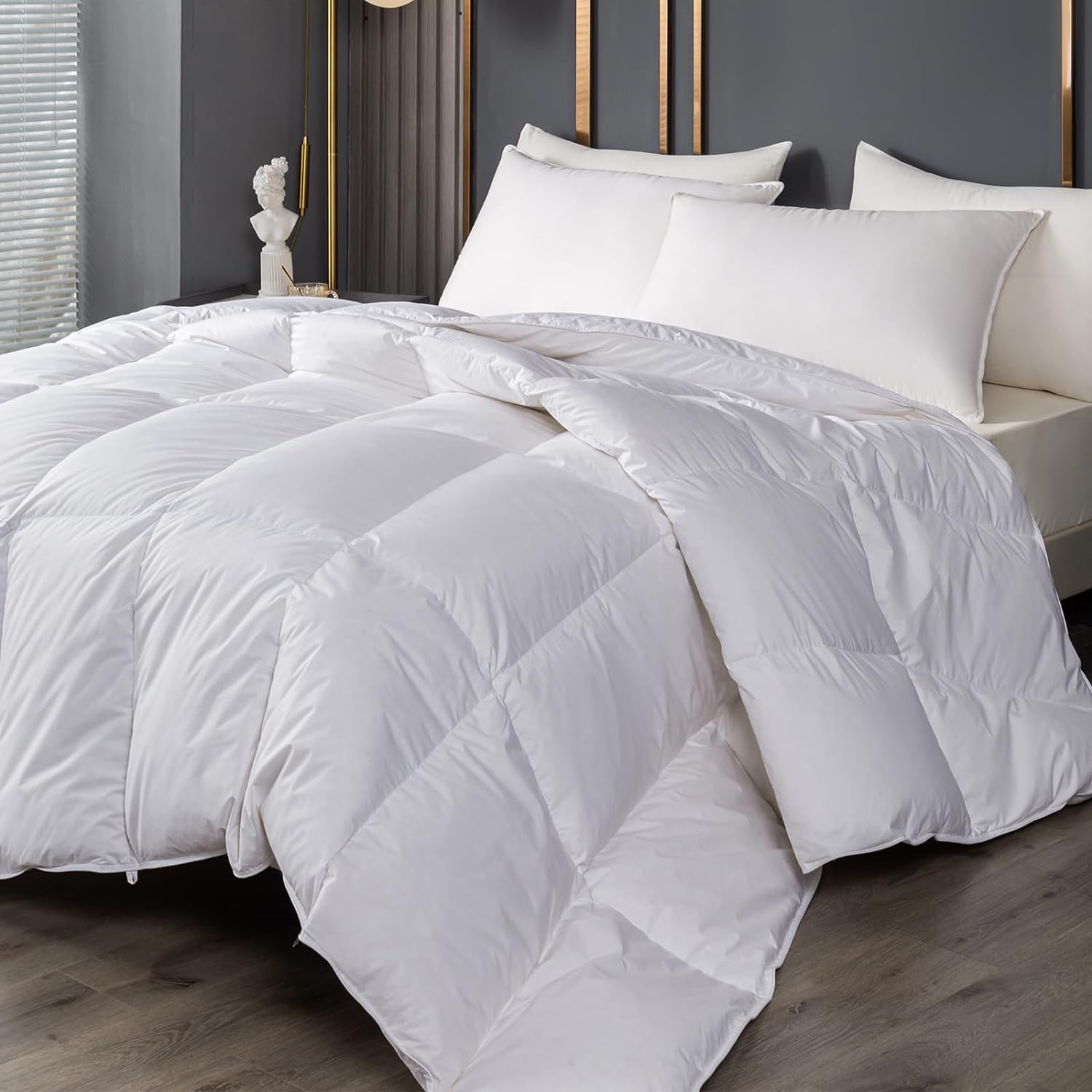 Goose Down Feather Comforter Queen - Cooling White Goose Down Duvet Insert 800 Fill Power Down and Feather Quilt Noiseless All Season Hotel Bedding Comforter with 600 TC Cotton Cover, 90 x 90