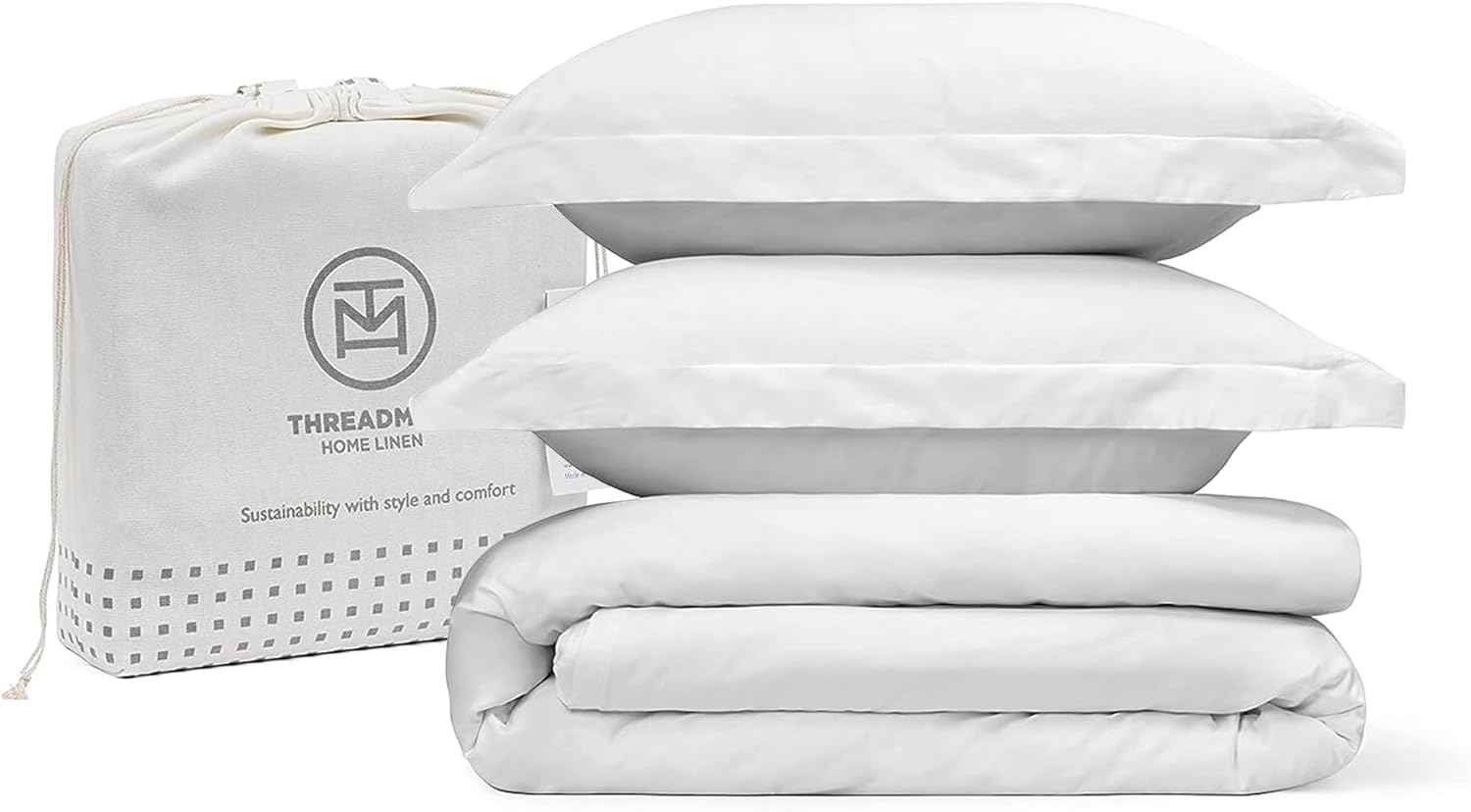 Threadmill White Duvet Cover Queen Size Bedding Set, Breathable Comforter Cover, Soft 3-Pc Cotton Queen Duvet Cover Set with 2 Pillow Shams, Strong Button Closure & Corner Ties, Fits Full Duvet