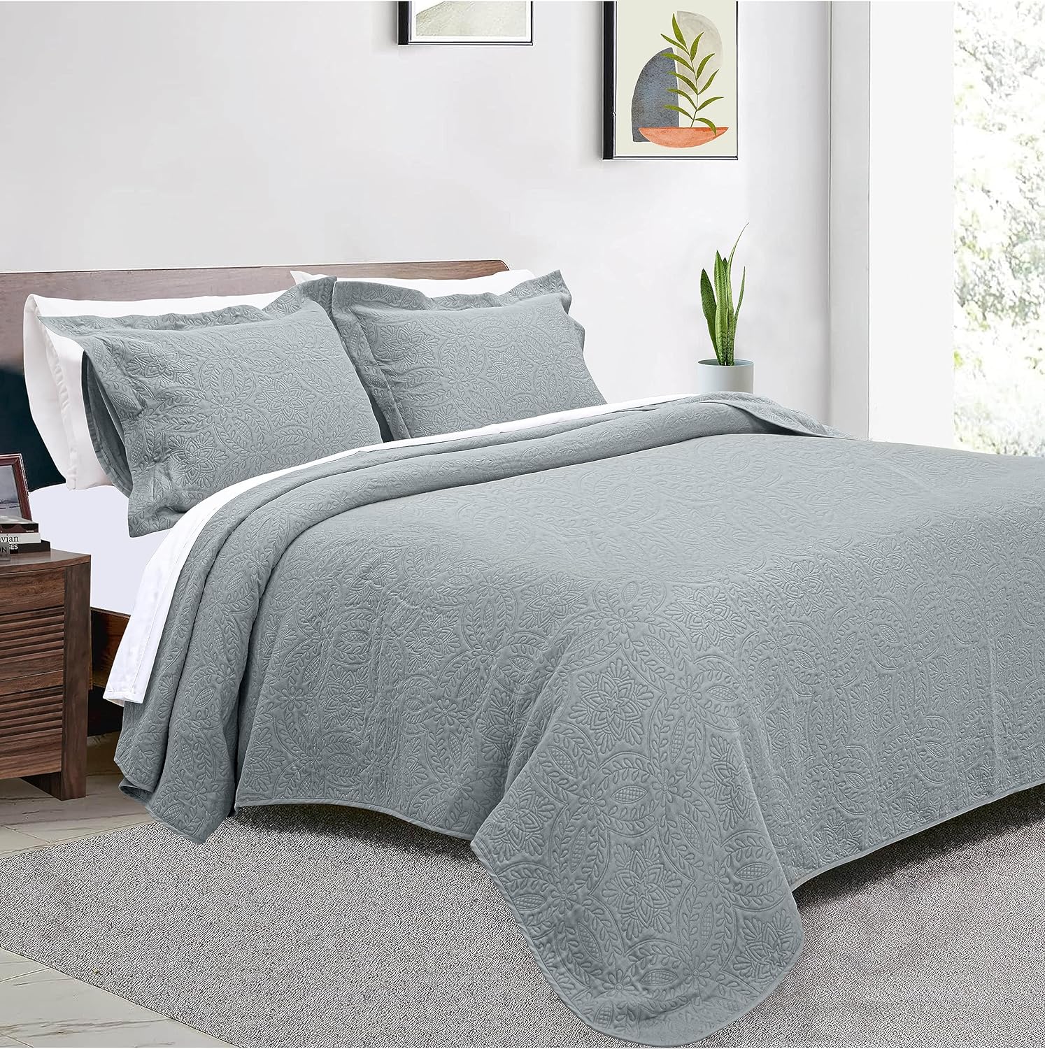 Threadmill Quilts King Size Sets | 3-Piece King Quilt Set with 2 Pillow Shams - Reversible Soft Breathable and Lightweight Quilt King Bedspread Coverlet Bedding Set - Scottish Grey