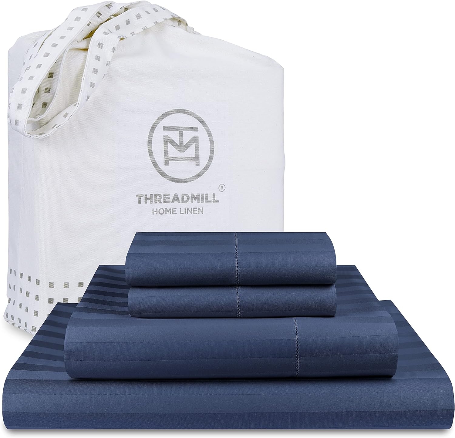 Threadmill 500 Thread Count Full-Size Damask Stripe, 4 Pc Luxury Cotton Sheet Set, Silky Smooth Folkstone Blue Sheets with 16 Elasticized Deep Pocket, 2 Pillowcases & Free Tote Bag