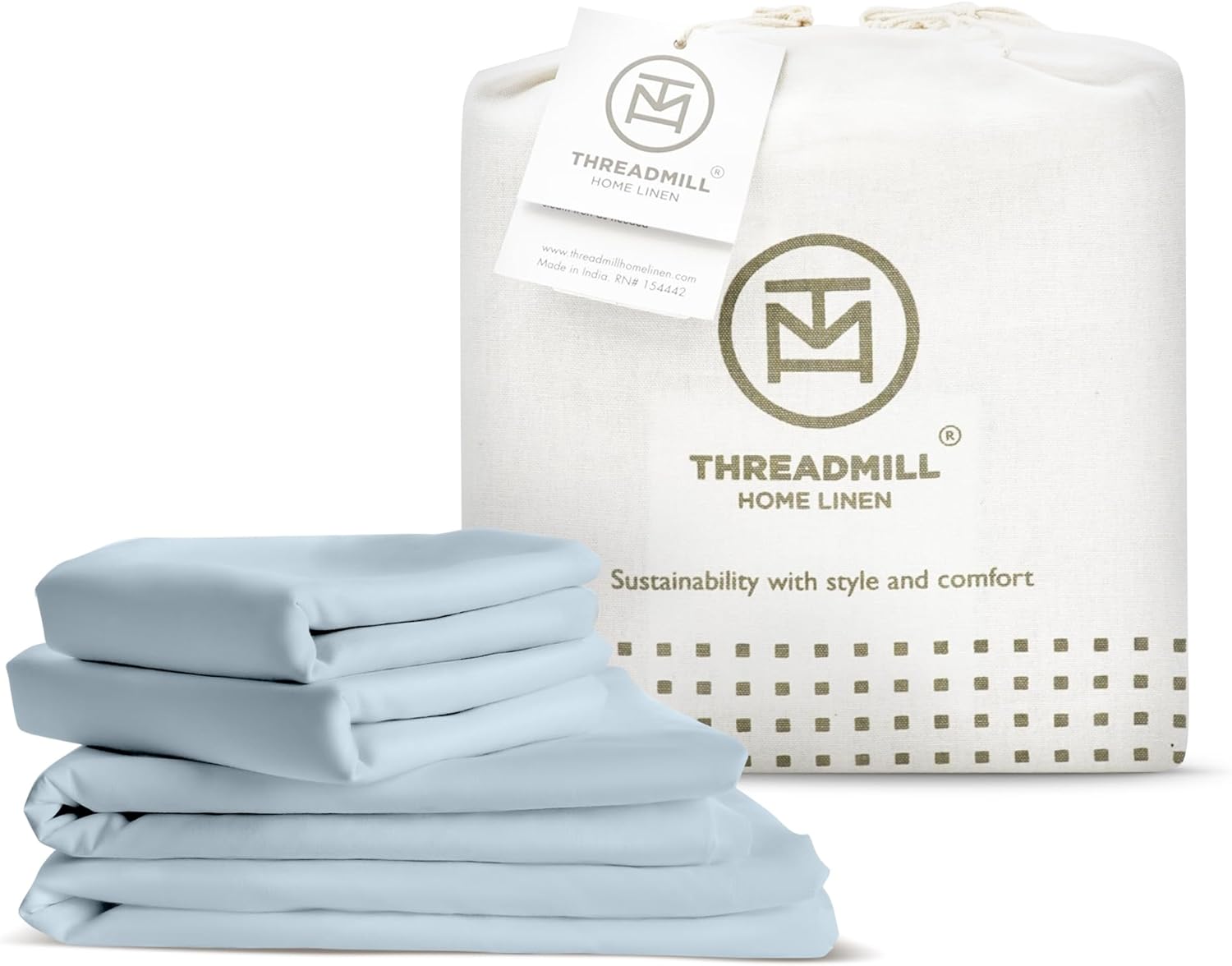 Threadmill 100% Organic Cotton Sheets - Queen, 4 Piece, Light Blue - Certified by GOTS - Soft and Cooling Bedsheet Set with Reusable Bag, Snug Fit with 16 Deep Pocket - Ultra Light