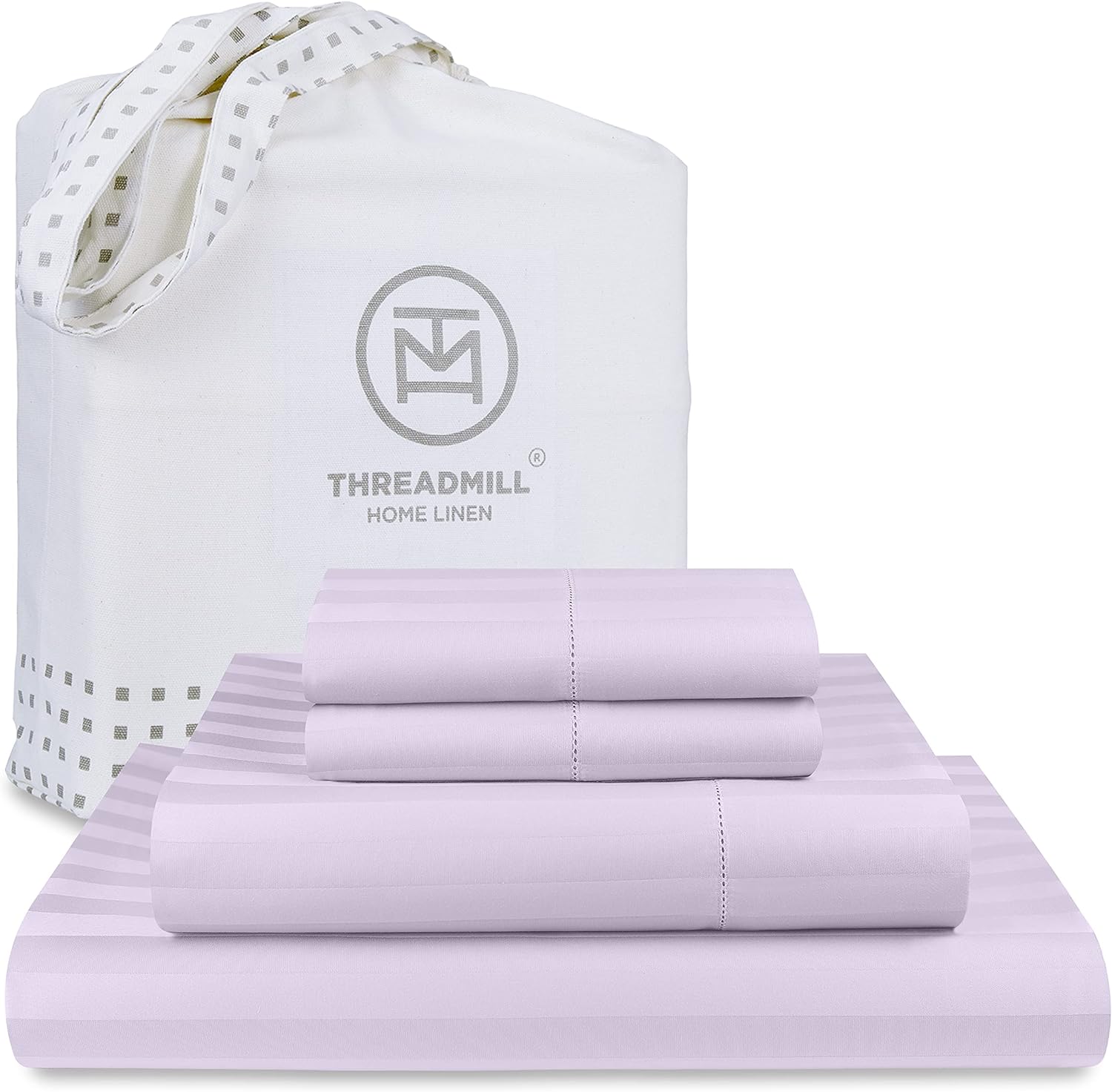 Threadmill 500 Thread Count Queen Size Damask Stripe, 4 Pc Luxury Cotton Bedding Set, Silky Smooth & Breathable Lilac Sheets with 16 Elasticized Deep Pocket, 2 Pillowcases & Free Tote Bag