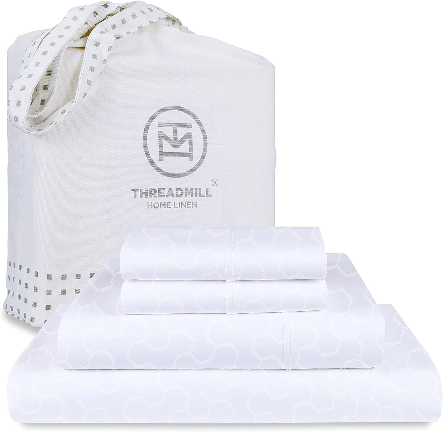 Threadmill 500 Thread Count Queen Size Sheets 4 Pc Luxury Cotton Bedding Set, Jacquard Floria Hotel White, Silky Smooth Sheets with 16 Elasticized Deep Pocket, 2 Pillowcases & Free Tote Bag